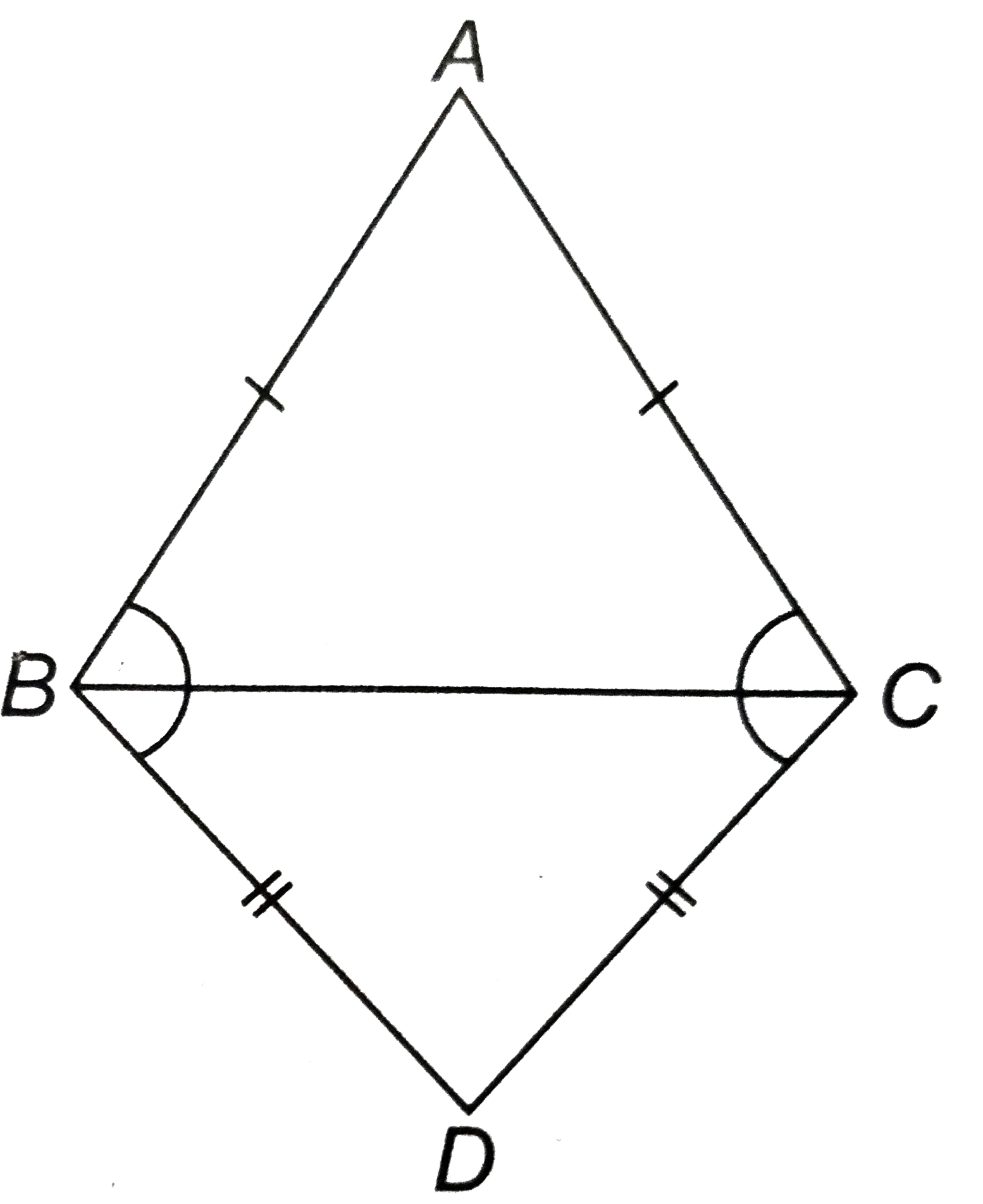 ABC और DBC समान आधार BC पर स्थित दो समद्विबाहु त्रिभुज है (देखिए आकृति)। दर्शाइए कि angleABD=angleACD है।