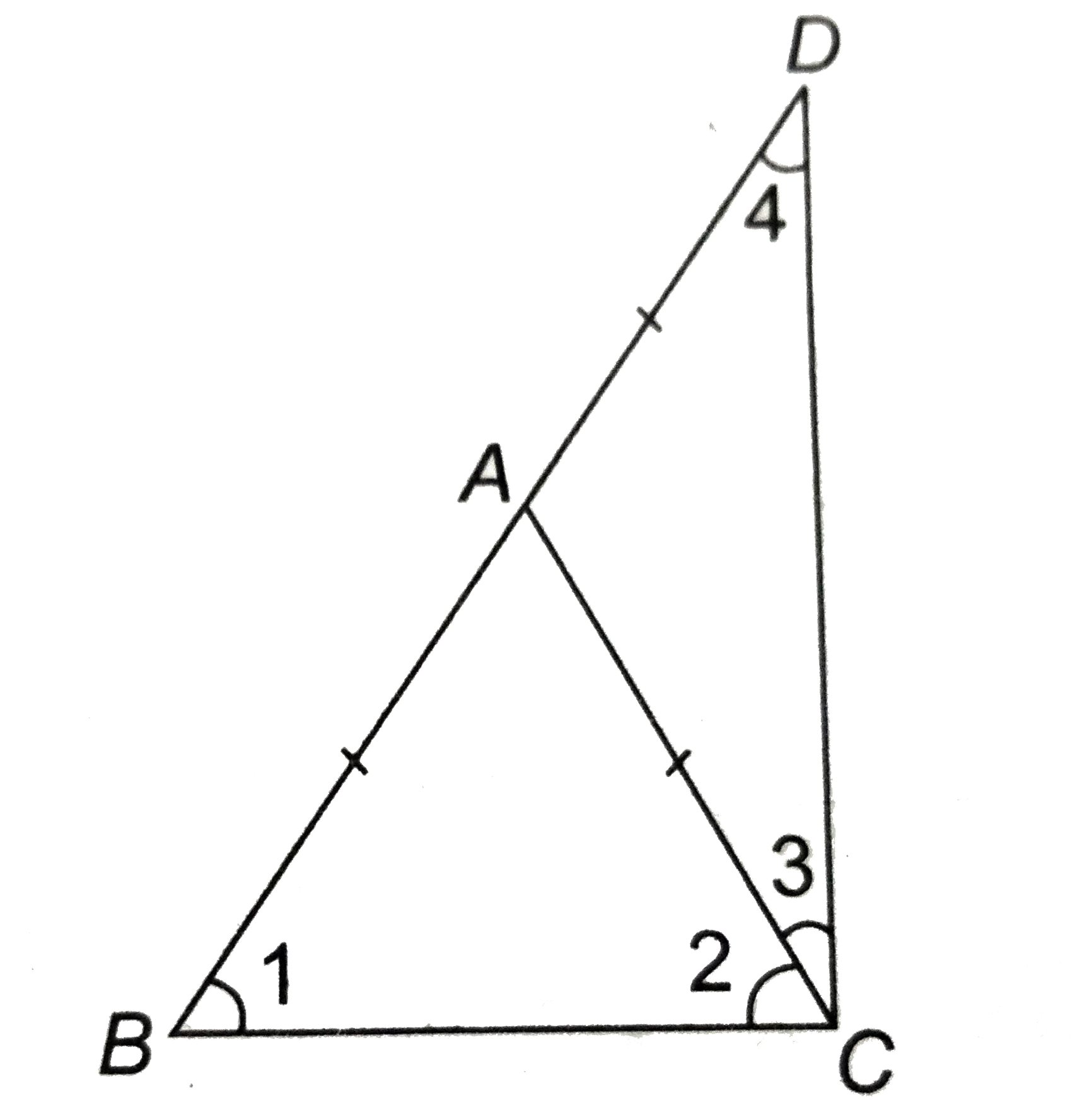 ABC एक समद्विबाहु त्रिभुज है, जिसमे AB = AC है। भुजा BA बिन्दु D तक इस प्रकार बढ़ाई गई है कि AB = AD है (देखिए आकृति)। दर्शाइए कि angleBCD एक समकोण है।