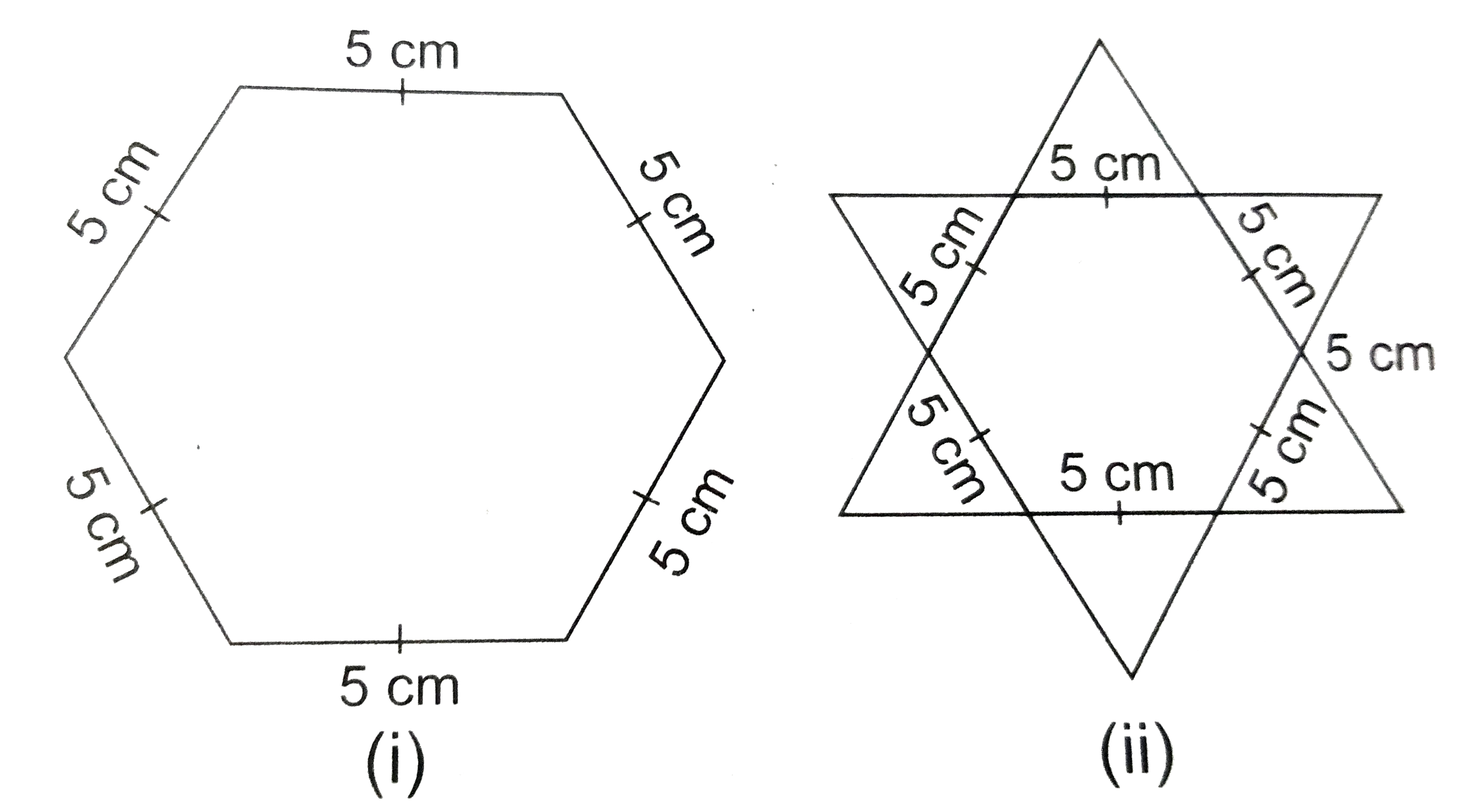 षट्भुजीय और तारे के आकार की रंगोलियों [देखिए आकृति (i) और (ii)] को 1 cm भुजा वाले समबाहु त्रिभुजों से भर कर पूरा कीजिए। प्रत्येक स्थिति में, त्रिभुजों की संख्या गिनिए। किसमें अधिक त्रिभुज है ?
