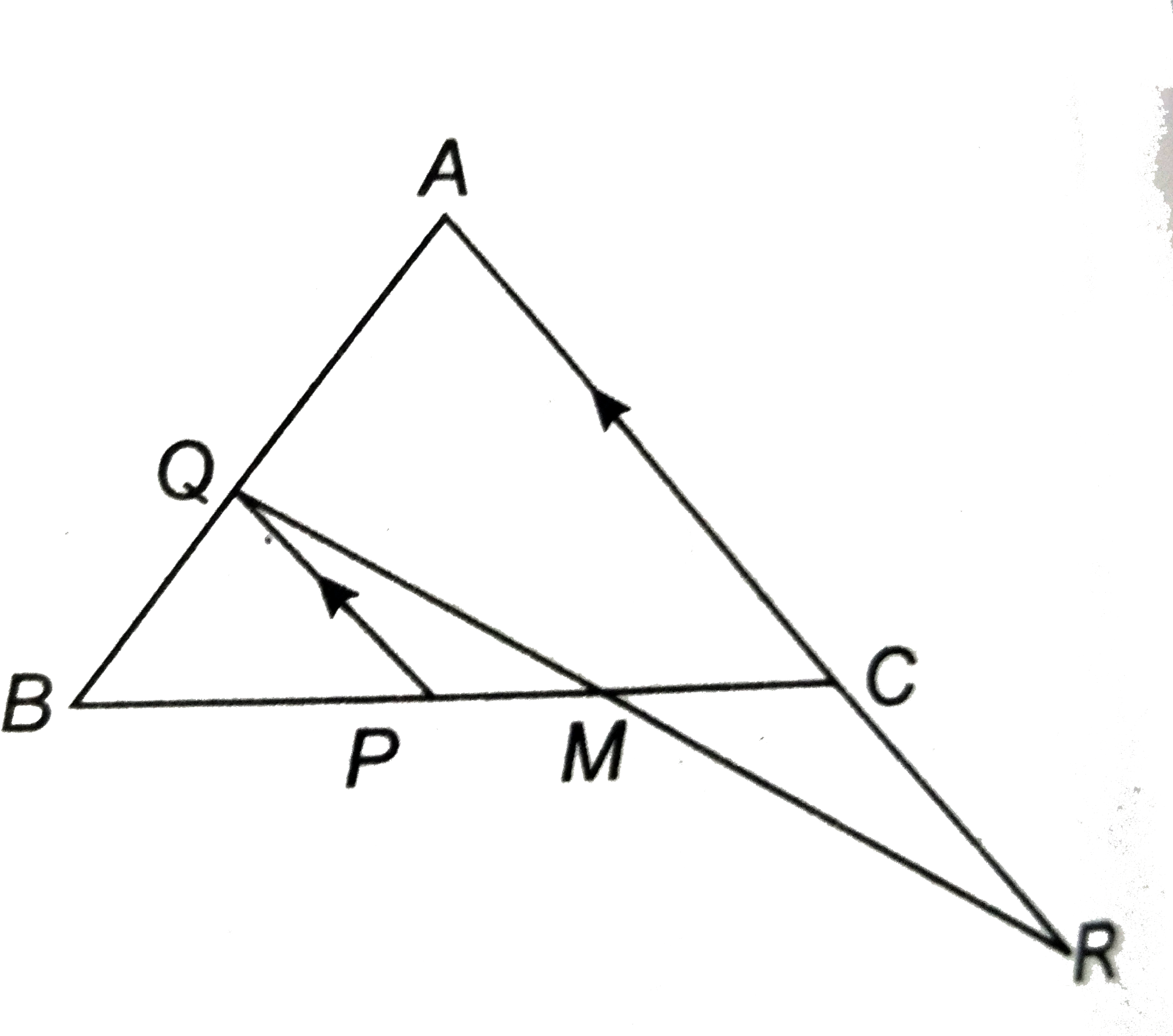 दी आकृति में, ABC एक समबाहु त्रिभुज है, PQ||AC और AC को R तक इस प्रकार बढ़ाया गया है कि CR = BP है। सिद्ध कीजिए कि QR, PC को समद्विभाजित करती है।