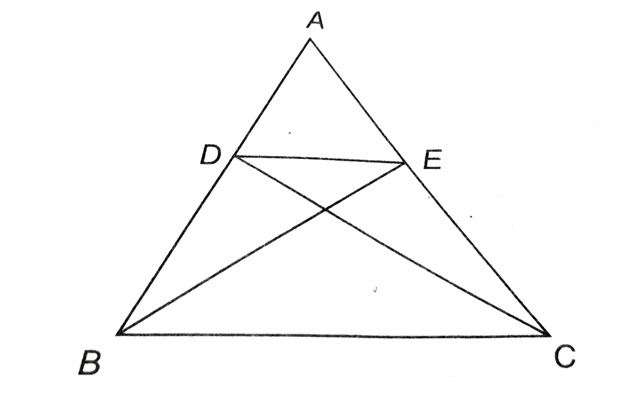 सलंग्न चित्र में DeltaABC की भुजाओं AB और AC पर क्रमशः बिन्दु D और E है तथा DeltaBCE   का क्षेत्रफल = DeltaBCD क्षेत्रफल।   सिद्ध कीजिए कि DE और BC समान्तर है।