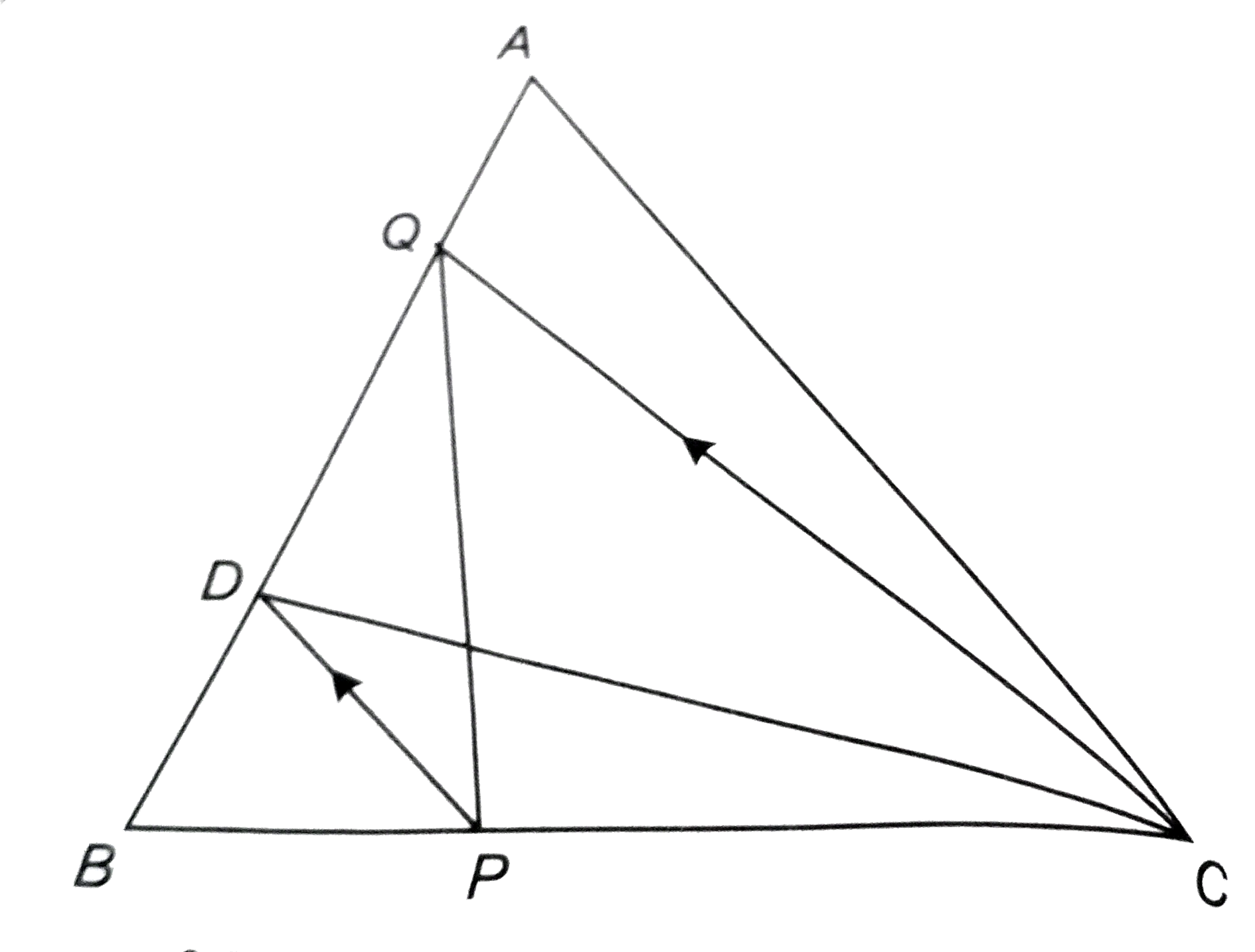 सलंग्न चित्र में, DeltaABC की भुजा AB का मध्य-बिन्दु D तथा भुजा BC पर कोई बिन्दु P है। यदि CQ || PD तो सिद्ध कीजिए कि    DeltaBPQ का क्षेत्रफल =(1)/(2)DeltaABC का क्षेत्रफल।