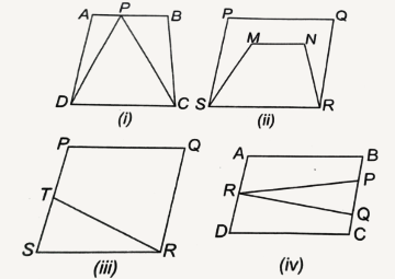 निम्नलिखित आकृतियों में से कौन-सी आकृतियाँ एक ही आधार और एक ही समान्तर रेखाओं के बीच स्थित है? ऐसी स्थिति में, उभयनिष्ठ आधार और दोनों समान्तर रेखाएँ लिखिए।