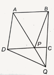 आकृति में, ABCD एक समान्तर चतुर्भुज है और BC को एक बिन्दु Q तक इस प्रकार बढ़ाया गया है कि AD = CQ है। यदि AQ भुजा DC को P पर प्रतिच्छेद करती है, तो दर्शाइए कि ar(BPC) = ar(DPQ) है।   संकेत : AC को मिलाइए