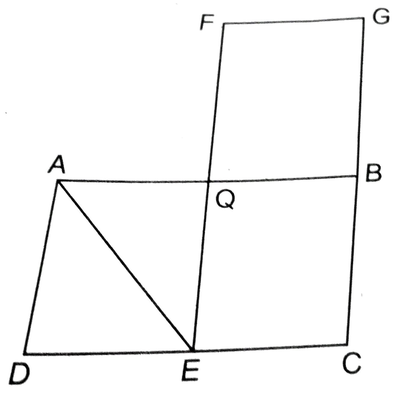 दी आकृति में, ABCD और FECG बराबर क्षेत्रफल के समान्तर चतुर्भुज है। यदि ar(DeltaAQE) =12