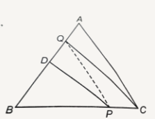 संलग्न चित्र में, DeltaABC में AB का मध्य-बिन्दु D है तथा BC पर कोई बिन्दु P है। यदि