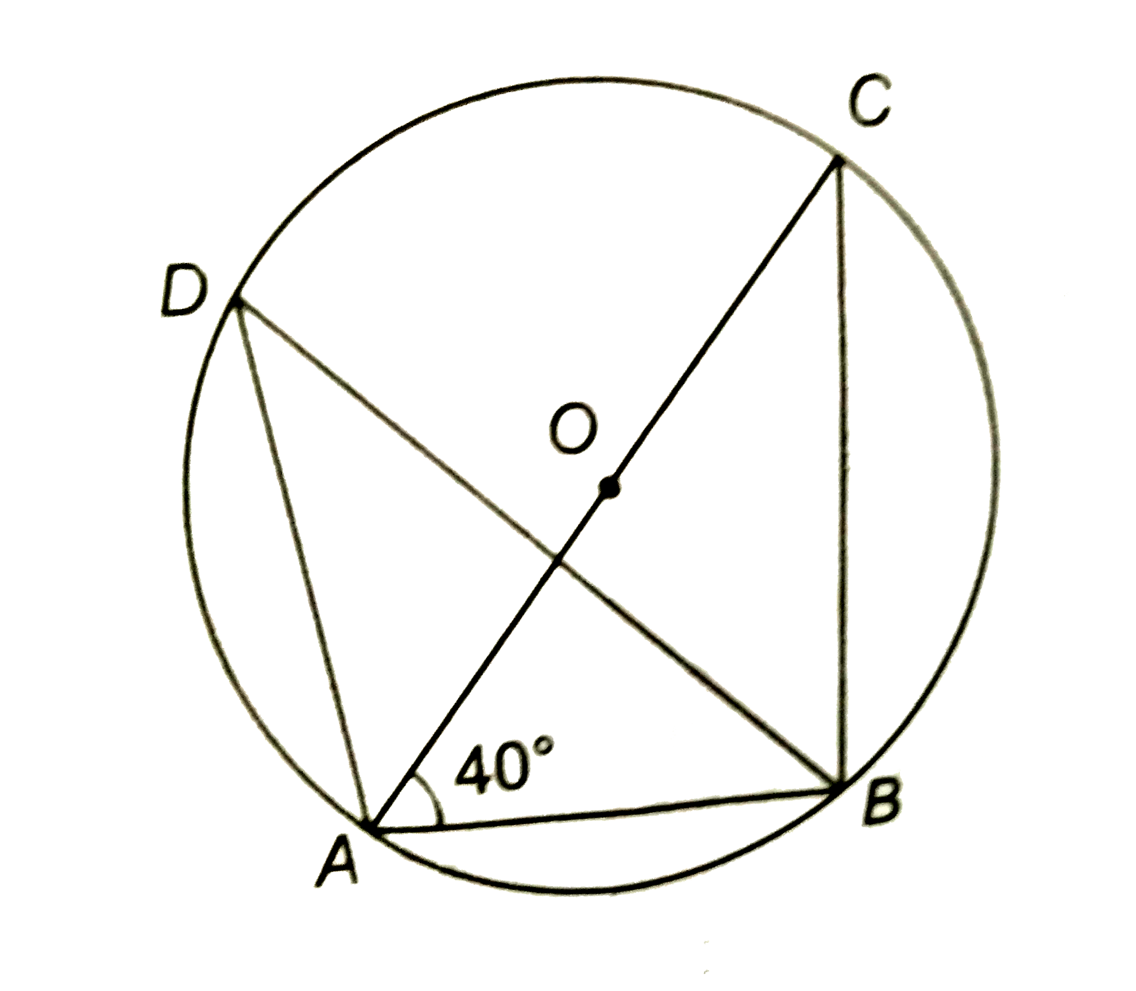 संलग्न चित्र में, angleADB और angleACB एक ही वृत्तखण्ड के कोण हैं तथा जीवा AC केन्द्र O से होकर जाती है | यदि angleCAB=40^(@), तो angleADB का मान ज्ञात कीजिए |