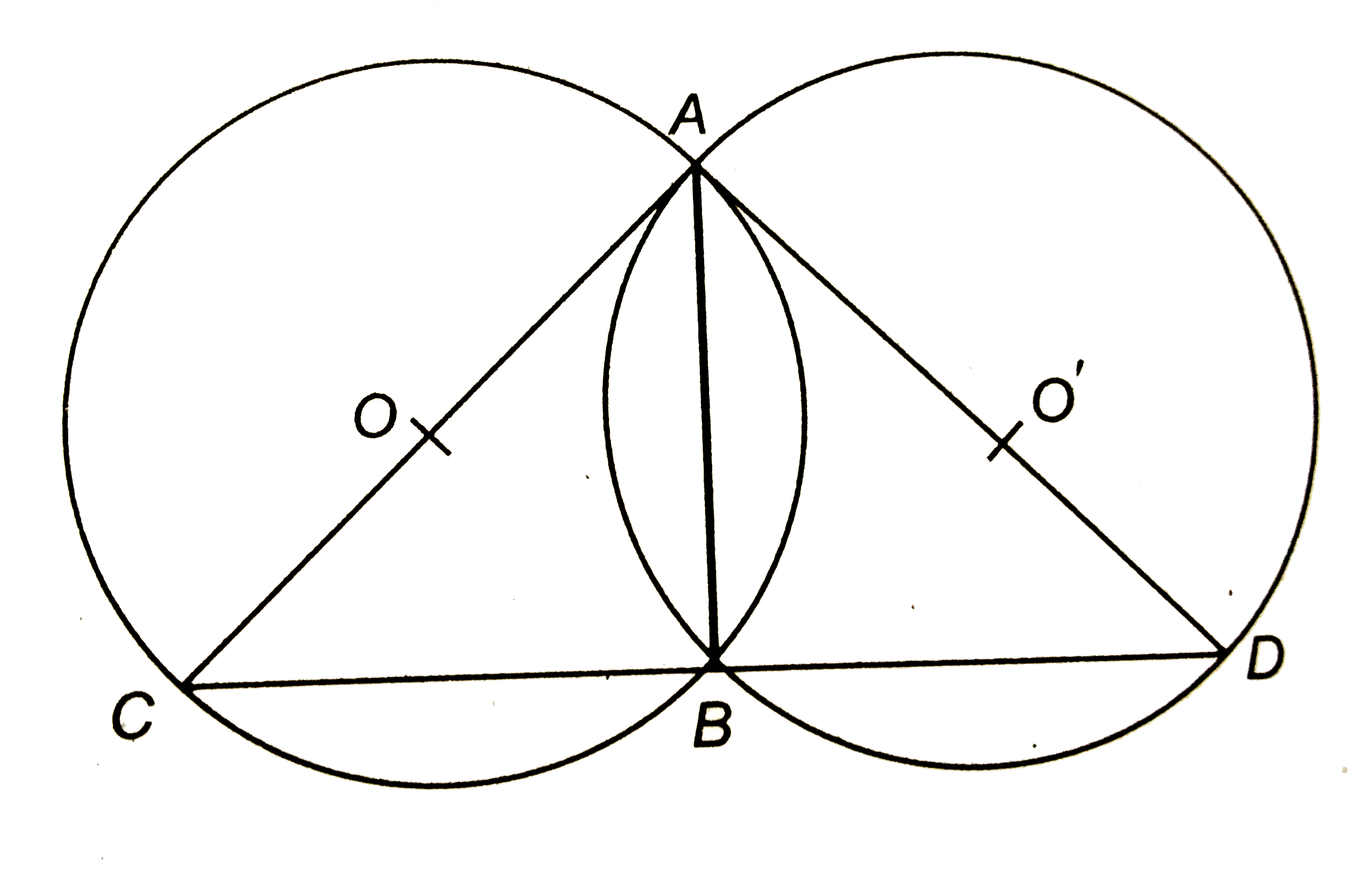 संलग्न चित्र में, दो वृत्त A और B पर प्रतिच्छेद करते हैं और AC, AD क्रमश: वृत्तों के व्यास हैं | सिद्ध कीजिए कि बिन्दु C, B और D संरेख हैं |