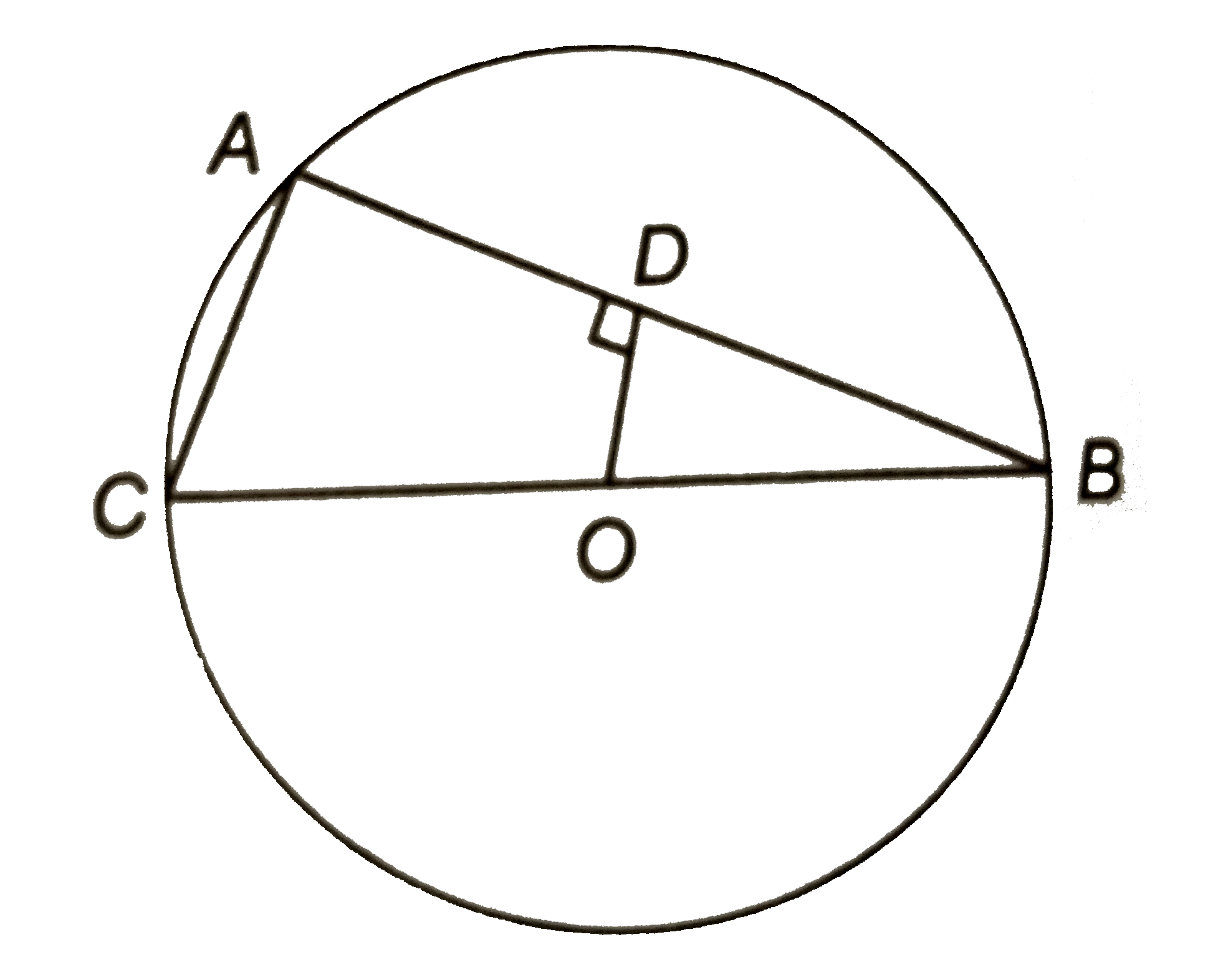 चित्र में, वृत्त कि एक जीवा AB पर लम्ब OD है जहाँ O वृत्त का केन्द्र है | यदि BC एक व्यास है, तो सिद्ध कीजिए कि CA=2OD.