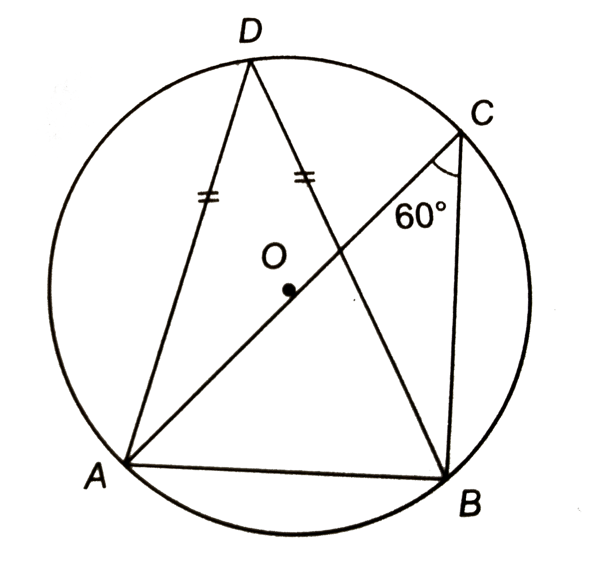 संलग्न चित्र में, 'O' वृत्त का केन्द्र है यदि angleACB=60^(@) और DA=DB, तो सिद्ध कीजिए कि DeltaADB एक समबाहु त्रिभुज है |