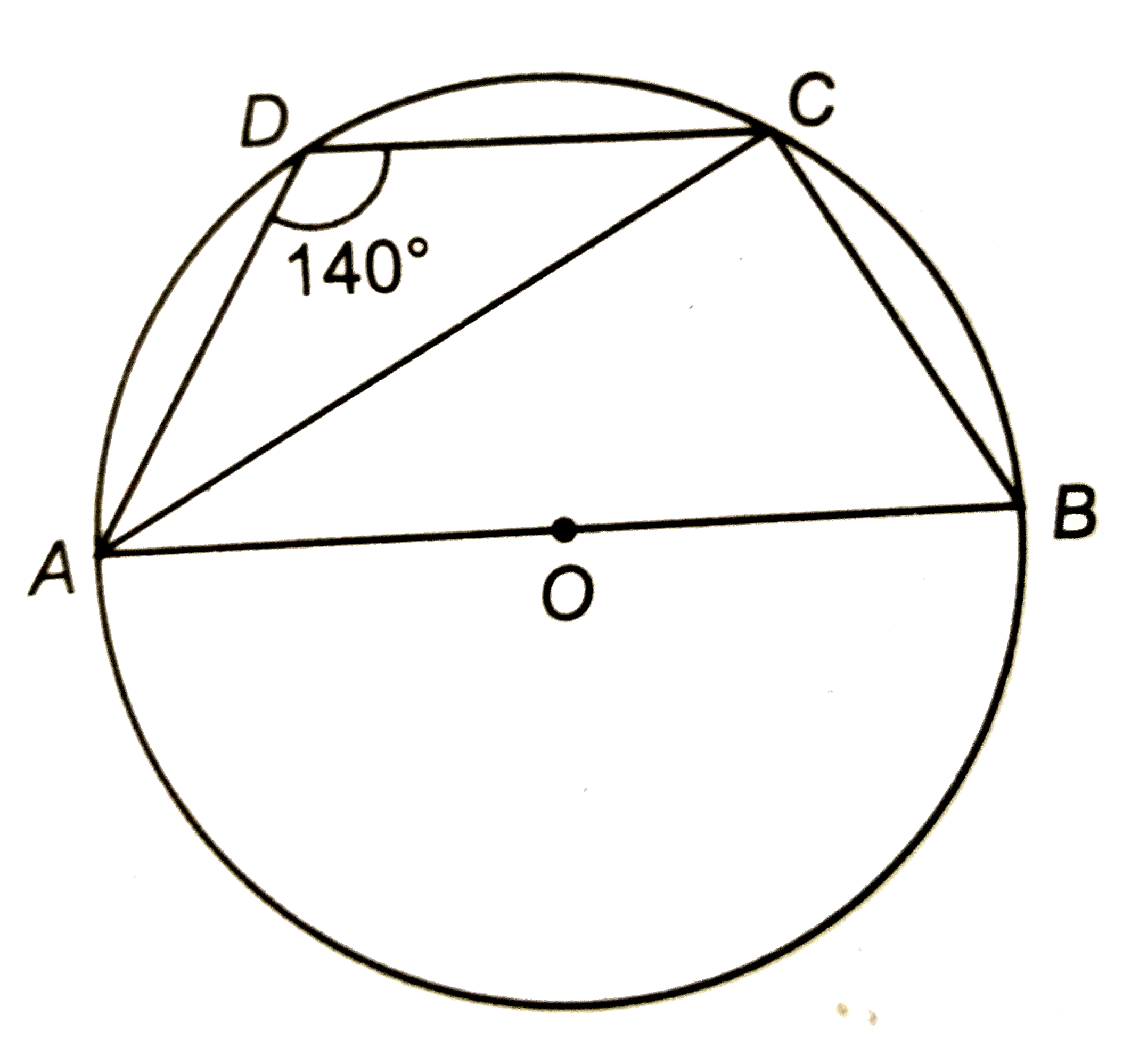 संलग्न चित्र में, ABCD एक चक्रीय चतुर्भुज है जिसकी भुजा AB वृत्त का एक व्यास है | यदि angleADC=140^(@), तो angleBAC का मान ज्ञात कीजिए |