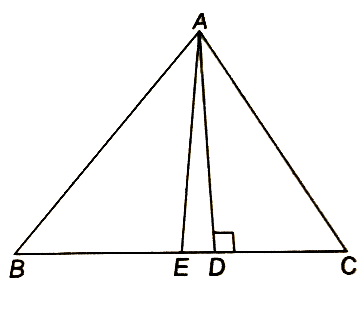 दिए चित्र में एक त्रिभुज ABC  है जिसमे ABgtAC है BC  का मध्य बिन्दु E तथा  BC पर लम्ब AD है सिद्ध कीजिये कि  AB^2
 +AC^2
 =2AE^2
 +2BE^2