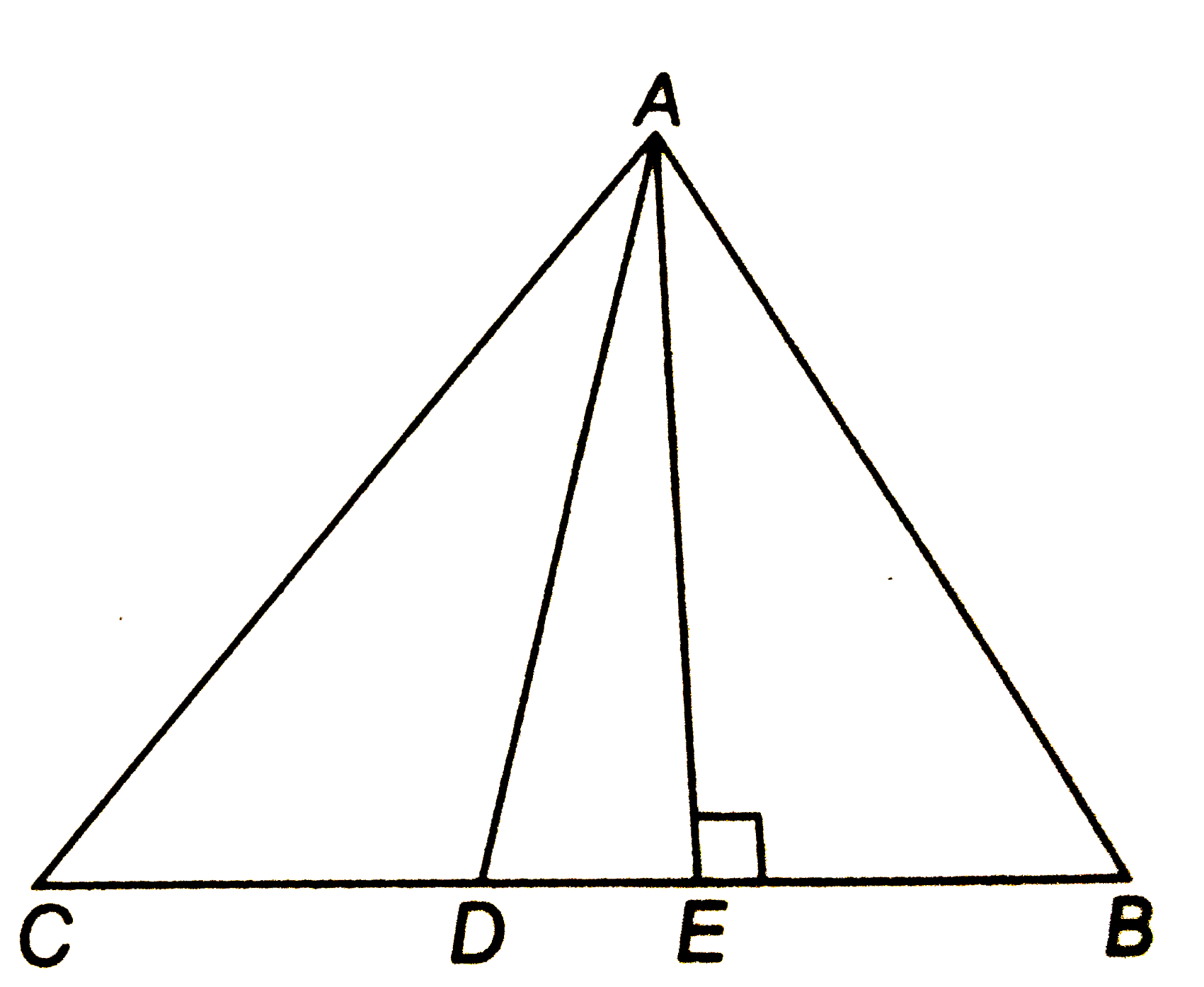 संलग्न चित्र में , ABC एक त्रिभुज है जिसमे AD मध्यिका है और AEbotBC  है सिद्ध कीजिये कि    2AB^2+2AC^2=4AD^2+BC^2