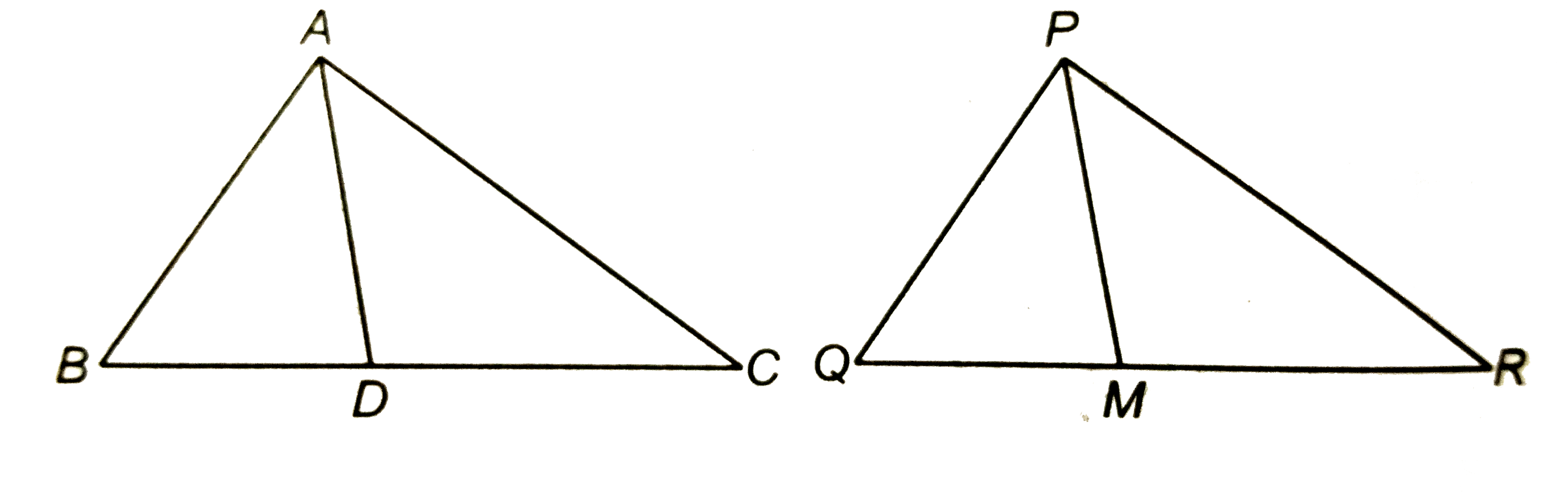 एक त्रिभुज ABC की भुजाये AB और BC तथा मध्यिका AD एक अन्य त्रिभुज PQR कि क्रमशः भुजाओ PQ और QR तथा मध्यिका PM के समानुपाती है (देखिये आकृति) दर्शाइए कि DeltaABC~DeltaPQR है