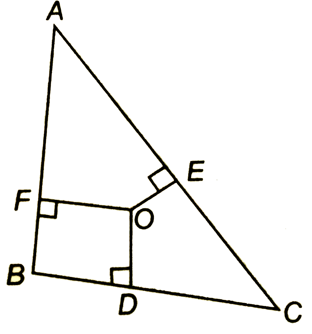 आकृति में DeltaABC के अभ्यंतर में स्थित कोई बिंदु O है तथा  OD bot BC, OEbotAC और  OFbotAB  है दर्शाइए कि   (i) OA^2+OB^2+OC^2-OD^2-OE^2-OF^2=AF^2+BD^2+CE^2   (ii) AF^2+BD^2+CE^2=AE^2++CD^2+BF^2