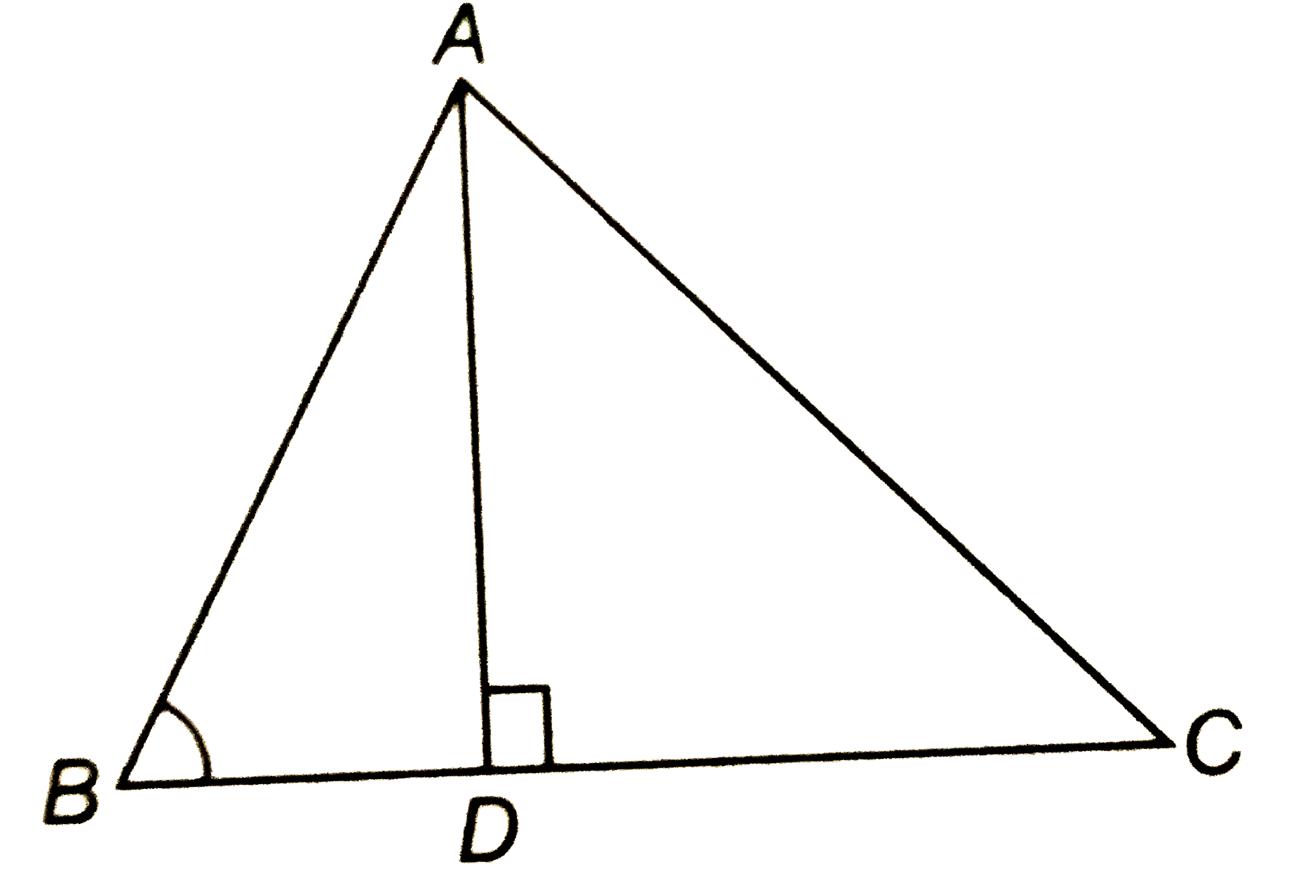 आकृति में, ABC एक त्रिभुज है जिसमे angleABClt90^@ है तथा ADbotBC है सिद्ध कीजिये कि  AC^2=AB^2+BC^2-2BC.BD  है