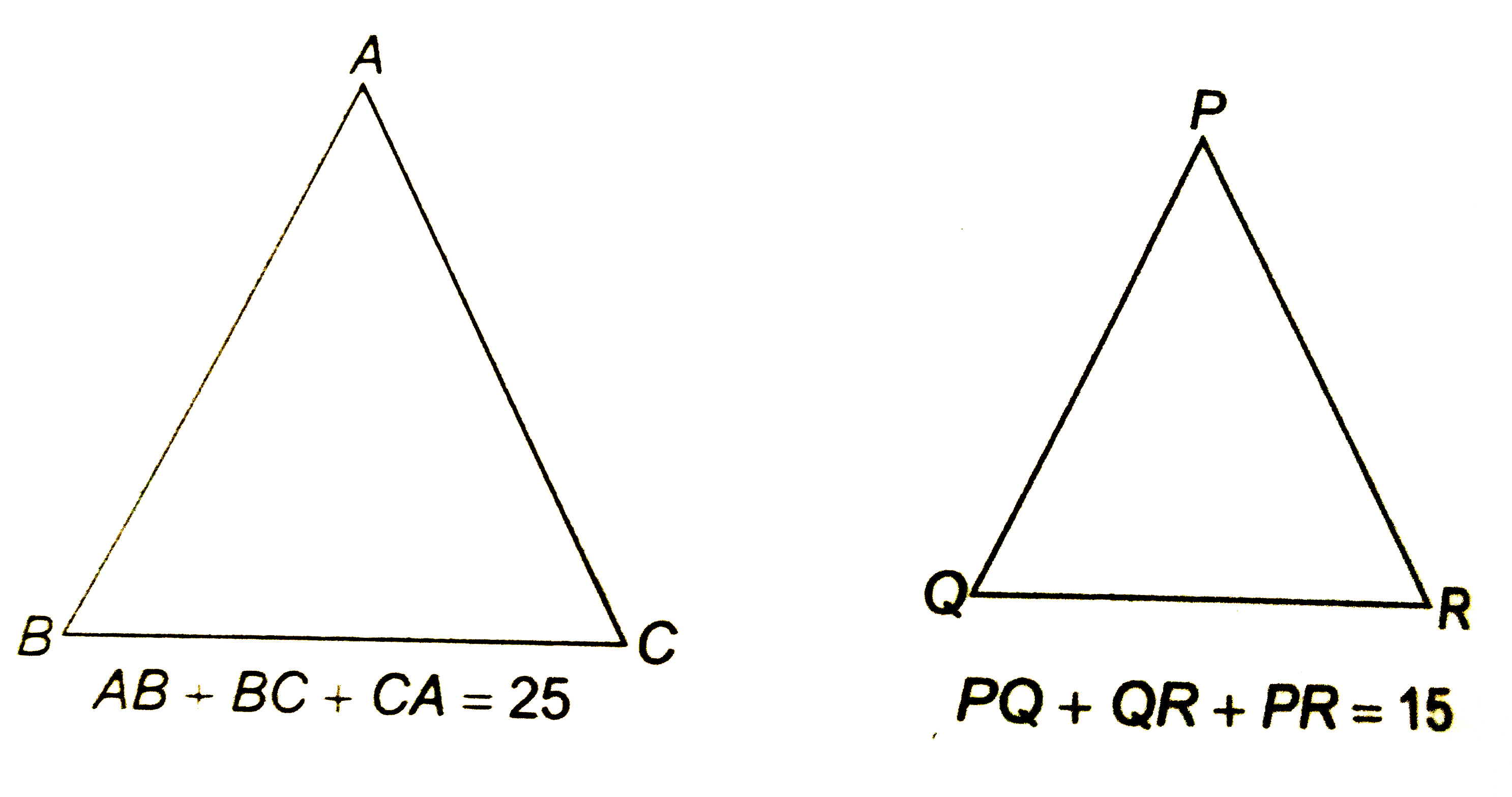 दो समरूप त्रिभुजों के परिमाप क्रमशः 25 सेमी और  15 सेमी है यदि पहले त्रिभुज की एक भुजा  9 सेमी है तो दूसरे त्रिभुज की संगत भुजा ज्ञात कीजिये
