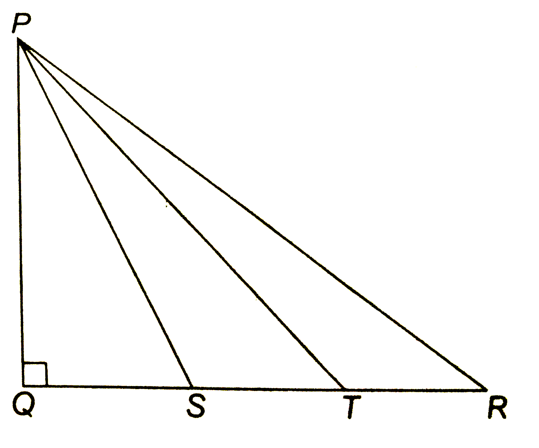 दिए चित्र में DeltaPQR  में angleQ  समकोण है तथा S  और T , QR  को समत्रिभाजित करते है सिद्ध कीजिये कि 8PT^2=3PR^2+5.PS^2