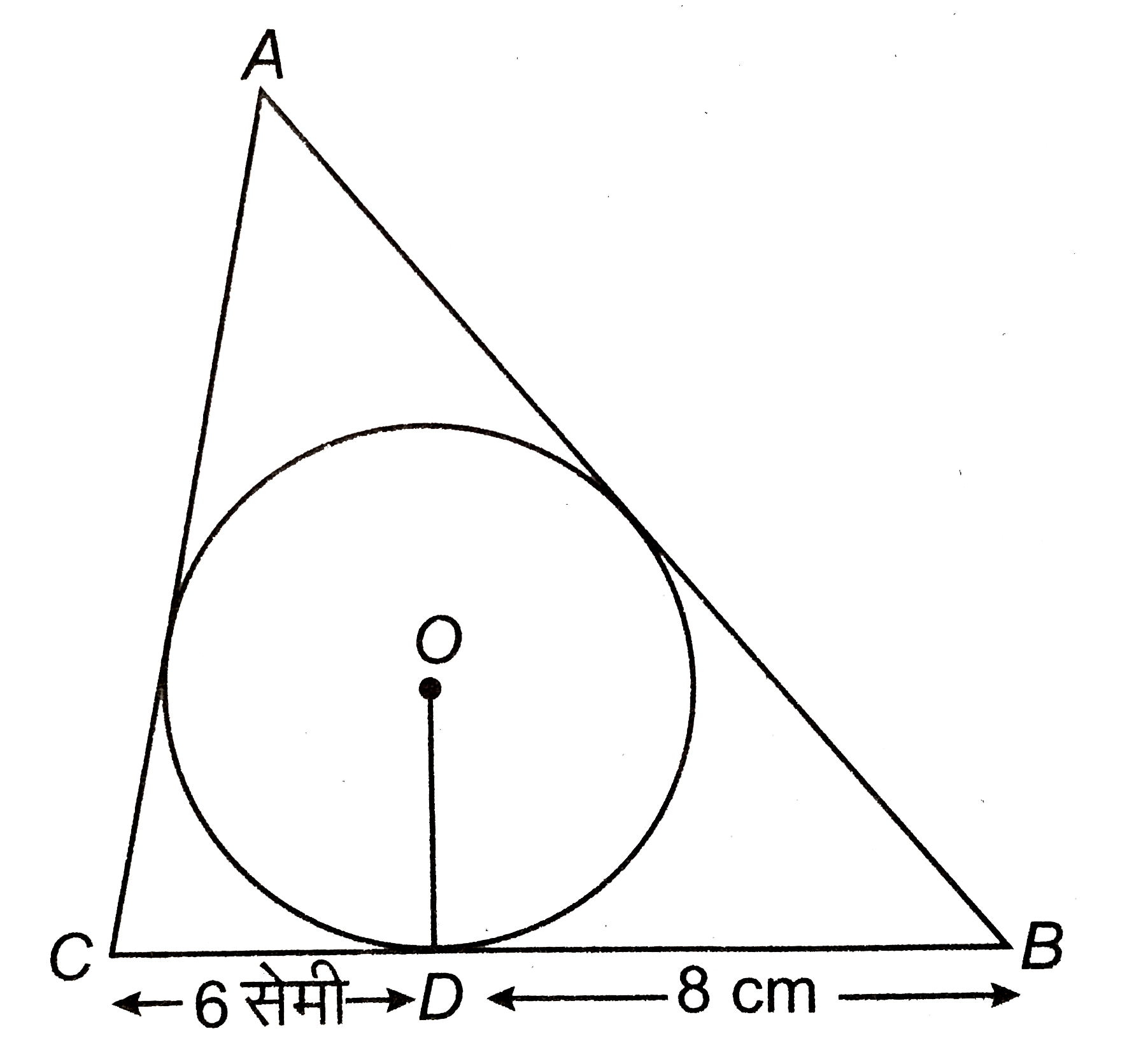 4 सेमी त्रिज्या वाले एक वृत्त के परिगत एक त्रिभुज ABC इस प्रकार खींचा गया है कि रेखाखण्ड BD और DC ( जिसमे स्पर्श बिन्दु D द्रारा BC विभाजित है ) की लम्बाईयाँ क्रमशः 8 सेमी और 6 सेमी है (देखिए आकृति ) भुजाएँ AB और AC ज्ञात कीजिए।