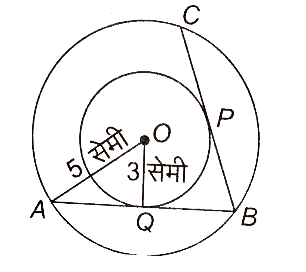 दो संकेन्द्रीय वृत्तों की त्रिज्याये 3 सेमी और 5 सेमी दी है। जीवा BC की लम्बाई ज्ञात कीजिए जो छोटे वृत्त को P पर स्पर्श करती है।