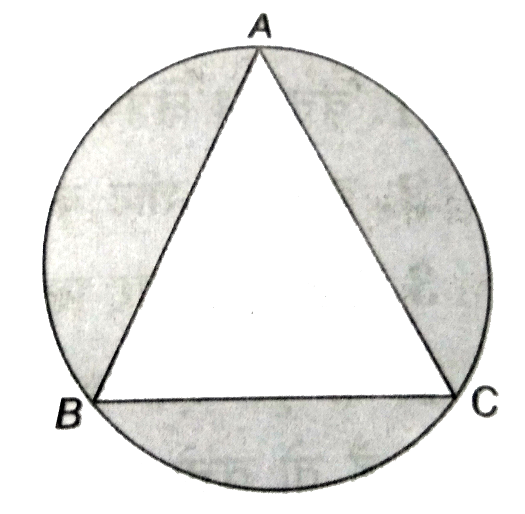 4 सेमी त्रिज्या के वृत्त के अंतर्गत  एक समबाहु  त्रिभुज  बना है । छायांकित  भाग  का क्षेत्रफल  ज्ञात कीजिए ।