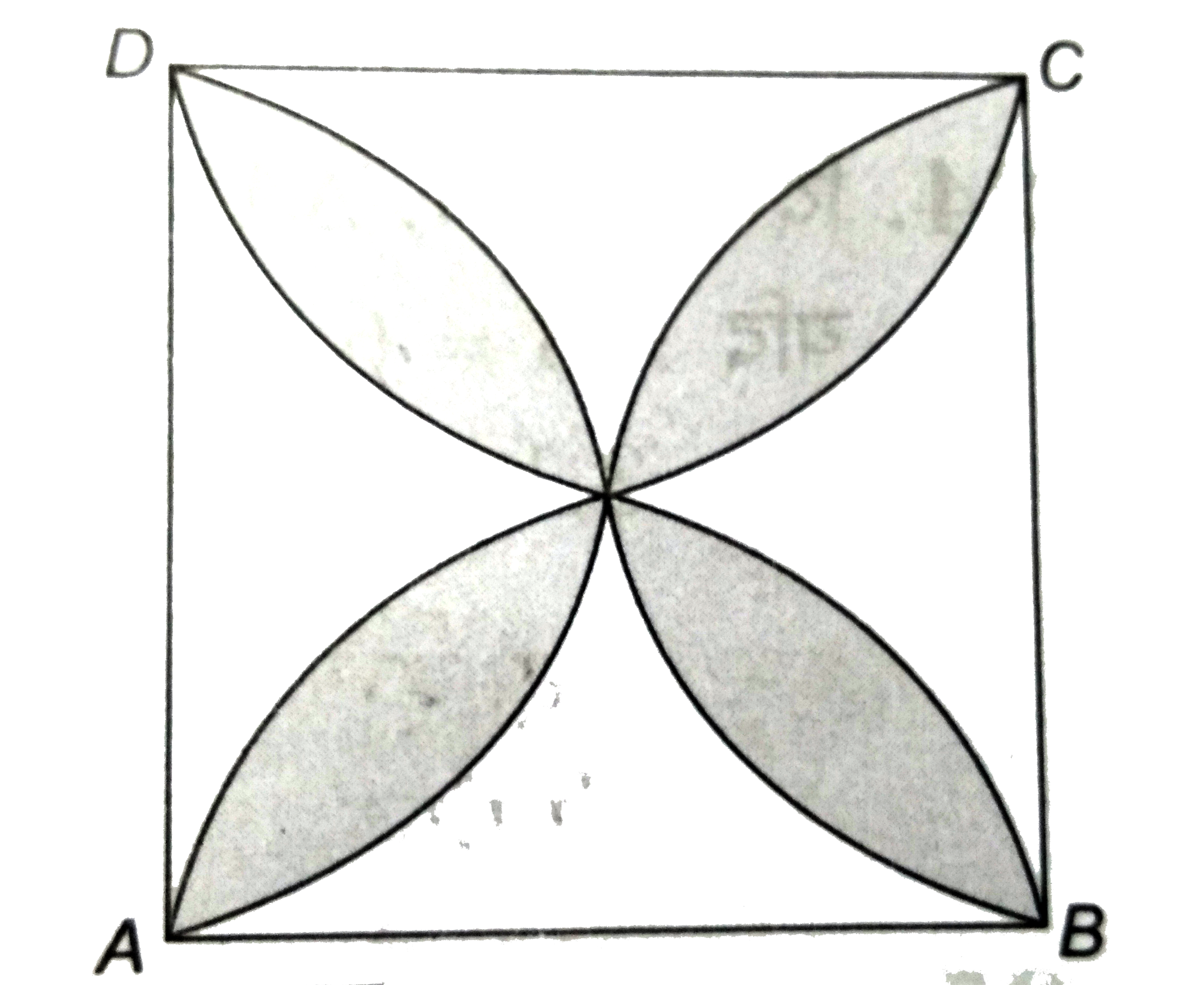 दी आकृति में 20 सेमी भुजा का एक वर्ग ABCD  दिखाया गया है । इसकी प्रत्येक  भुजा को व्यास लेकर अर्द्धवृत्त  बनाये गये है । छायांकित  भाग का क्षेत्रफल  ज्ञात कीजिए । ( pi = 3.14 का प्रयोग  करे )