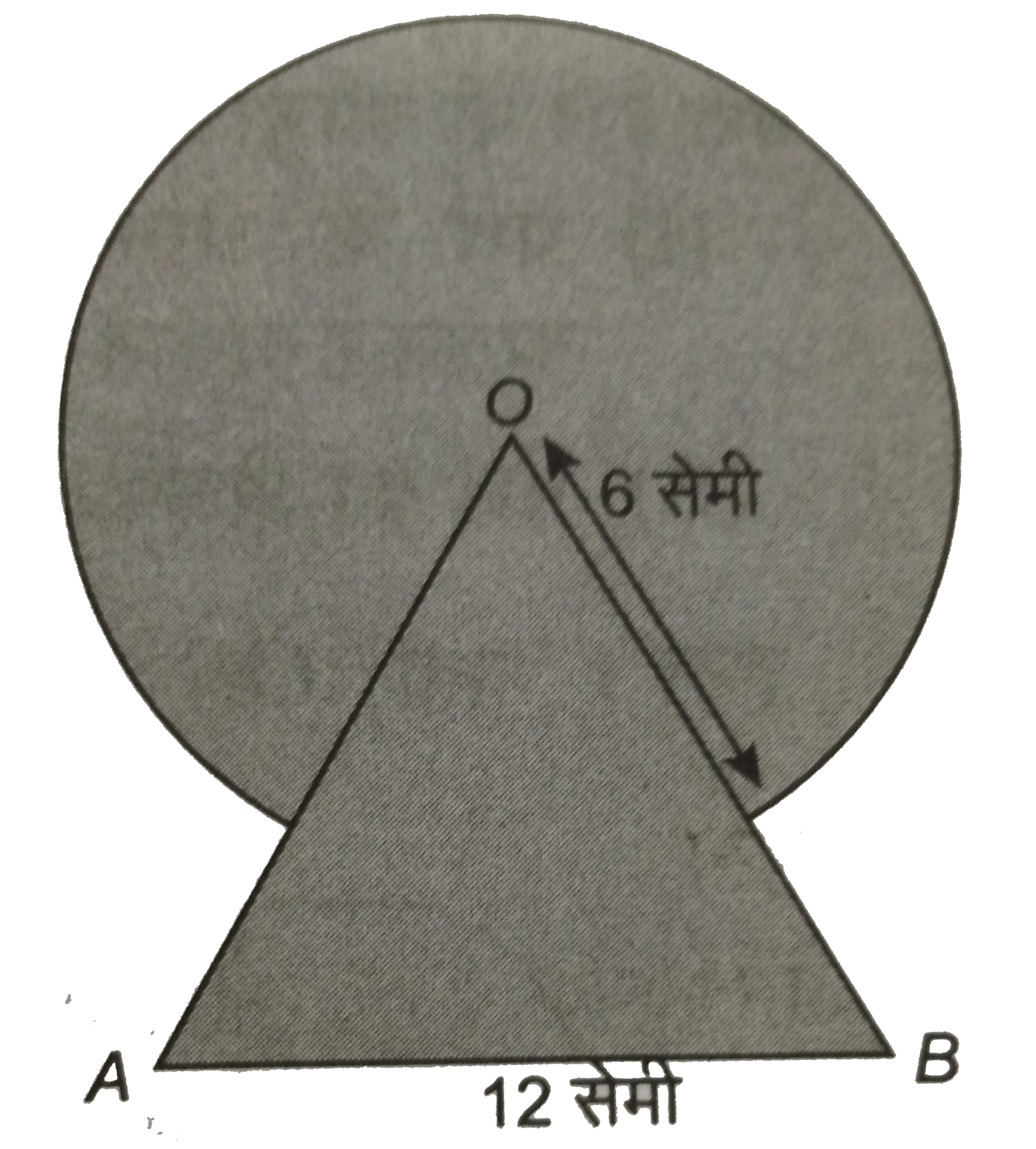 आकृति  में , छायांकित  भाग का क्षेत्रफल  ज्ञात कीजिए , जहाँ भुजा  12  सेमी वाले एक समबाहु  त्रिभुज  OAB के शीर्ष  O  को केंद्र  मान कर 6  सेमी त्रिज्या वाला एक  वृत्तीय चाप खींचा गया है ।