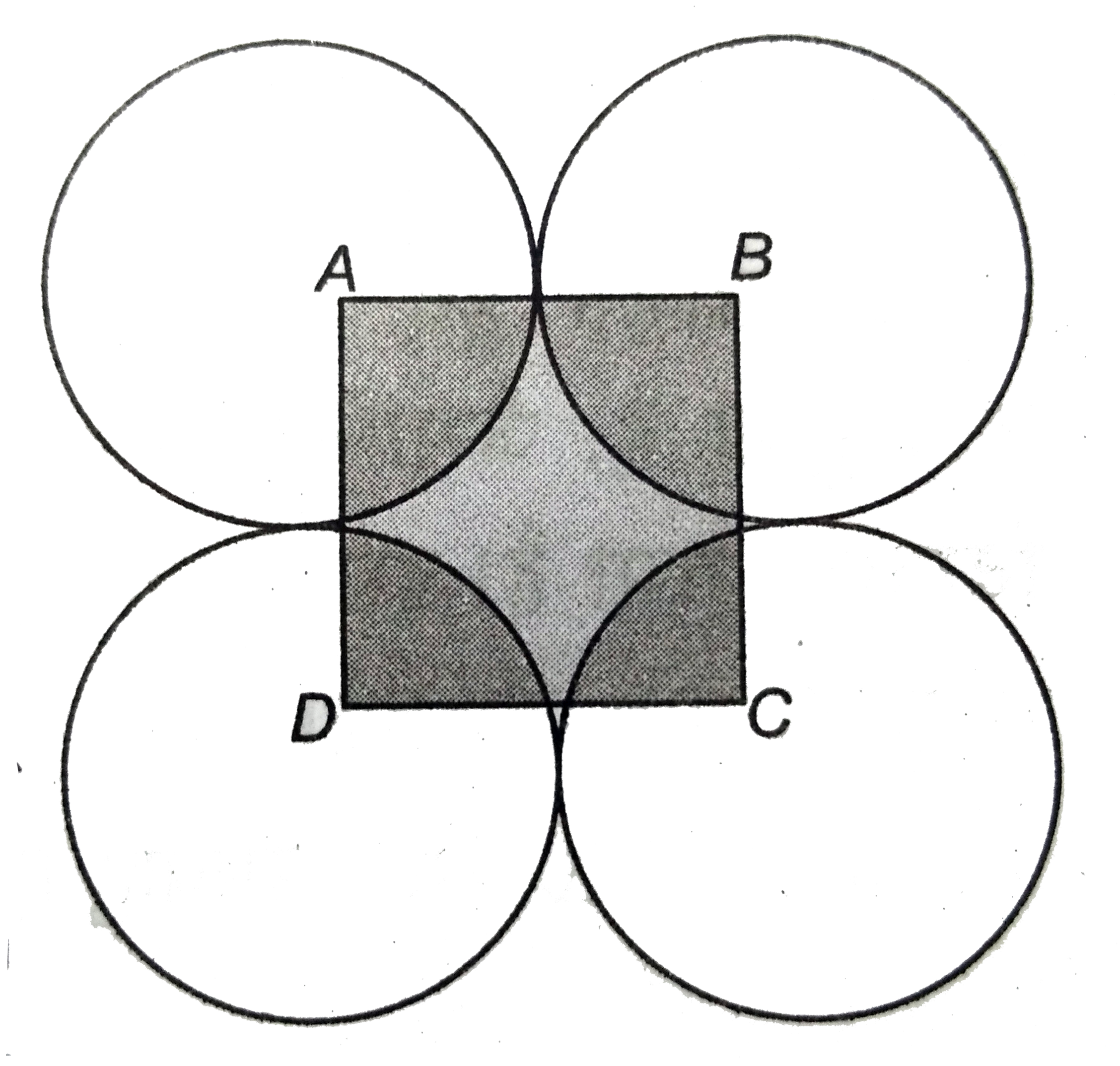 आकृति में , ABCD  भुजा  14  सेमी  वाला  एक वर्ग  है  A , B , C ,  और D  को केंद्र  मानकर ,  चार  वृत्त  इस प्रकार खींचे  गए है कि प्रत्येक  वृत्त  तीन शेष  वृत्तों में से  दो  वृत्तों को  बाह्य रूप से स्पर्श करता है । छायांकित  भाग का क्षेत्रफल  ज्ञात कीजिए ।