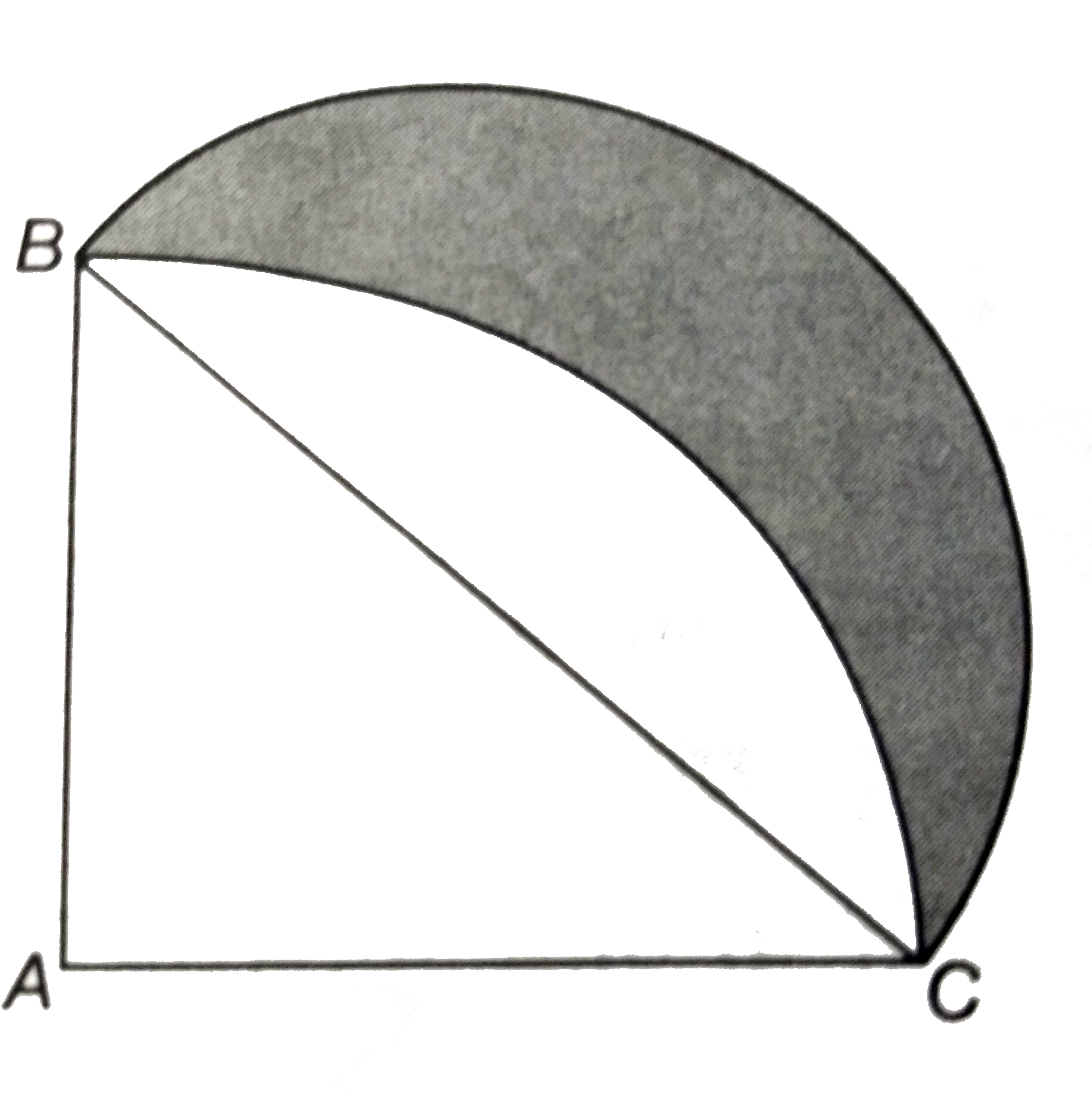 आकृति में , ABC  त्रिज्या  14  सेमी वाले एक वृत्त का चतुर्थांश  है तथा  BC  को व्यास  मान कर एक अर्धवृत्त खींचा  गया है । छायांकित  भाग का क्षेत्रफल ज्ञात  कीजिए ।