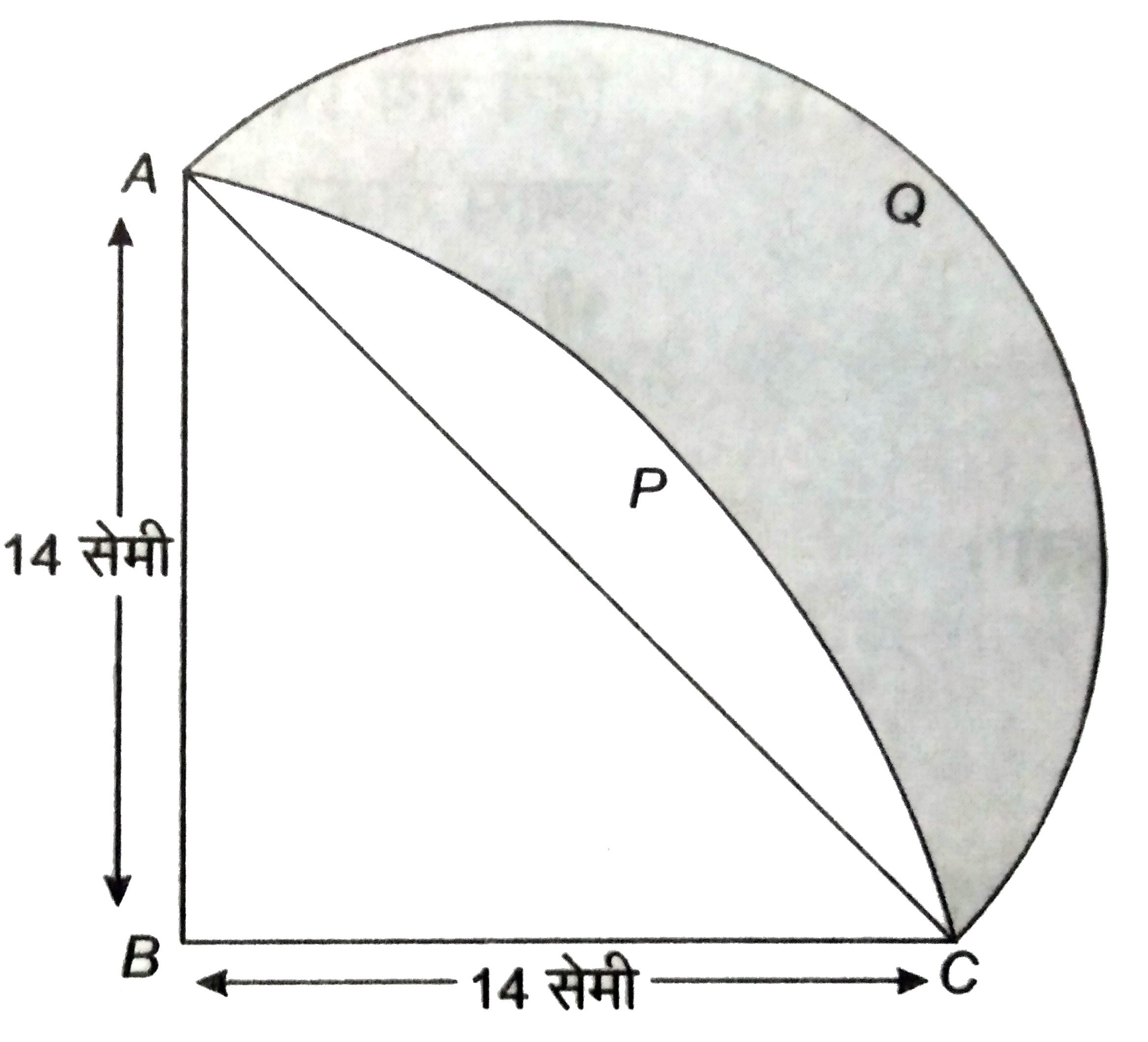 ABCP 14 सेमी त्रिज्या  के वृत्त का एक  चतुर्थांश है । AC व्यास  से एक  अर्द्धवृत्त  बनाया गया है