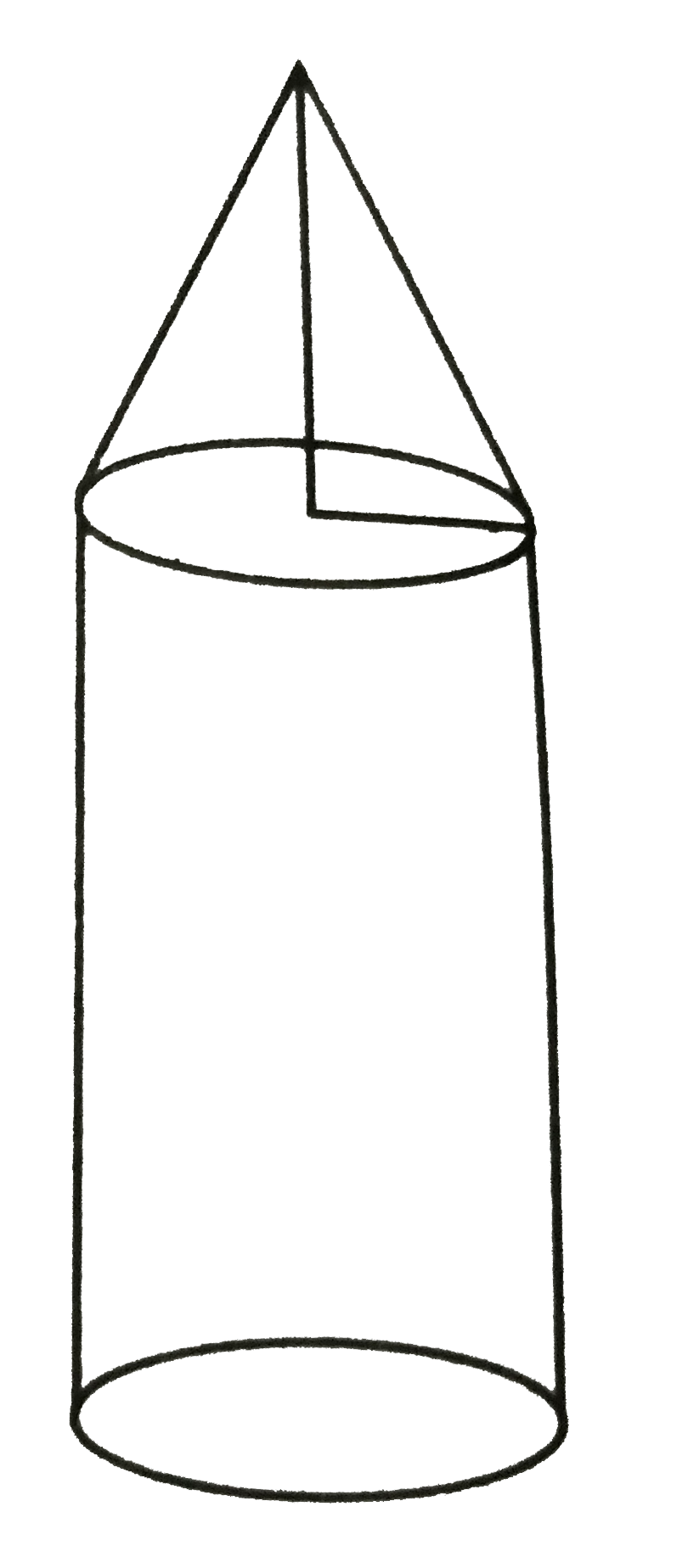 निम्नलिखित चित्र में , एक राकेट का मॉडल बेलन के ऊपर शंकु के रूप में है । मॉडल की विमाओ में , त्रिज्या =3 सेमी , शंकु की ऊंचाई , = 4 सेमी और कुल ऊंचाई 14 सेमी है । इसका (i) कुल सम्पूर्ण पृष्ठ pi