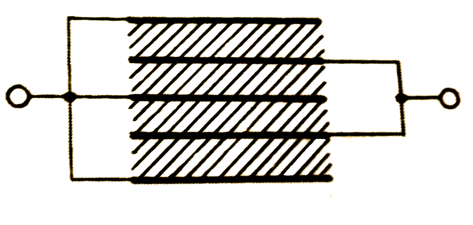 चित्र में दिखाये गये अभ्रक (K) संधारित्र की प्रत्येक प्लेट का क्षेत्रफल A