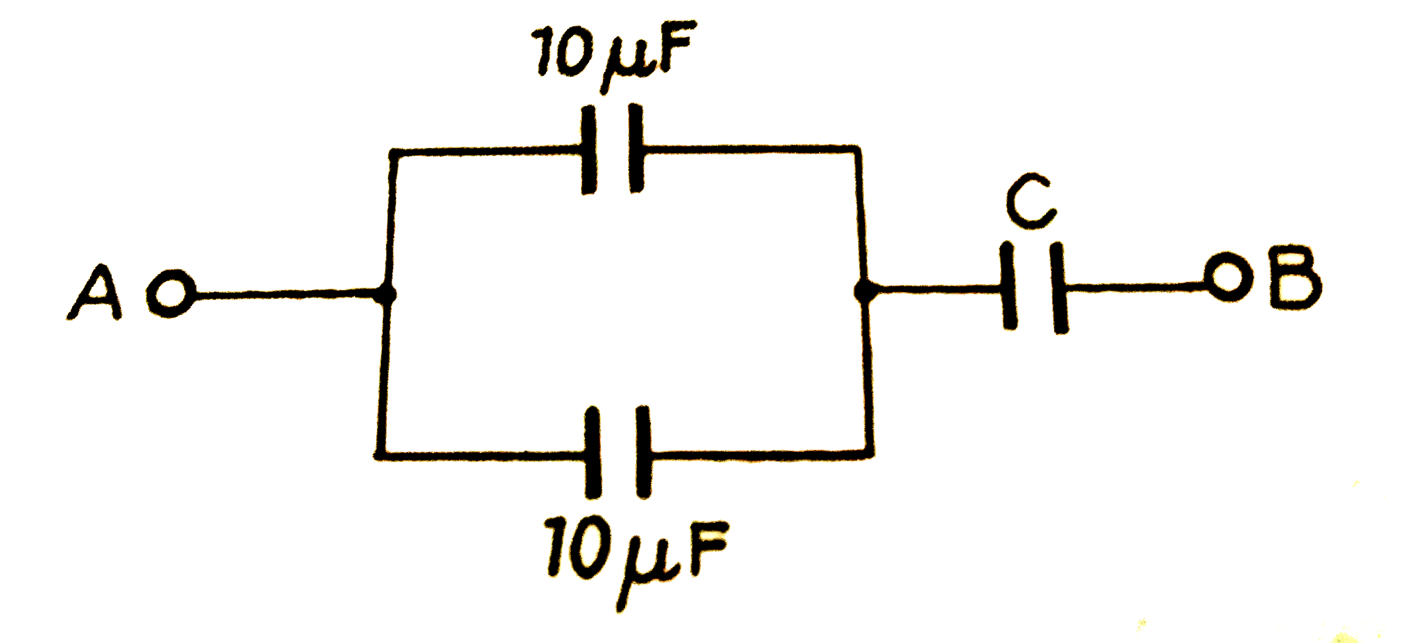 निम्न परिपथ में संधारित्र C की धारिता ज्ञात कीजिए जबकि बिन्दुओ A  व B के बीच सम्पूर्ण संयोजन की तुल्य-धारिता 15 माइक्रोफैरड (mu F) है।