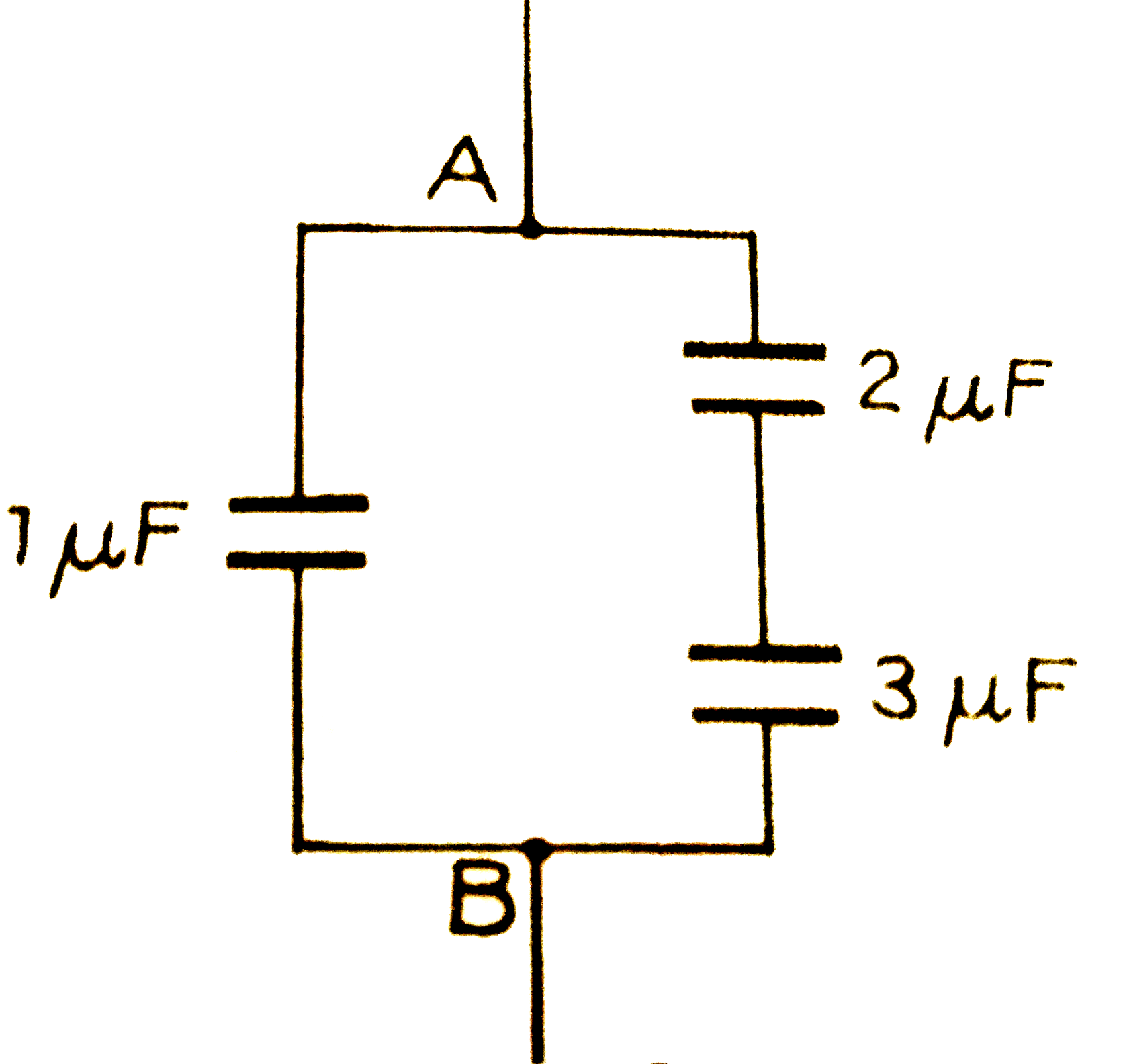 संलग्न चित्र के अनुसार तीन संधारित्र परस्पर जोड़े गये है। बिन्दुओ A or B के बीच विभवांतर 40 वोल्ट है। इन बिन्दुओ के बीच तुल्य-धारिता की गणना कीजिए। प्रत्येक संधारित्र पर आवेश की गणना कीजिए।