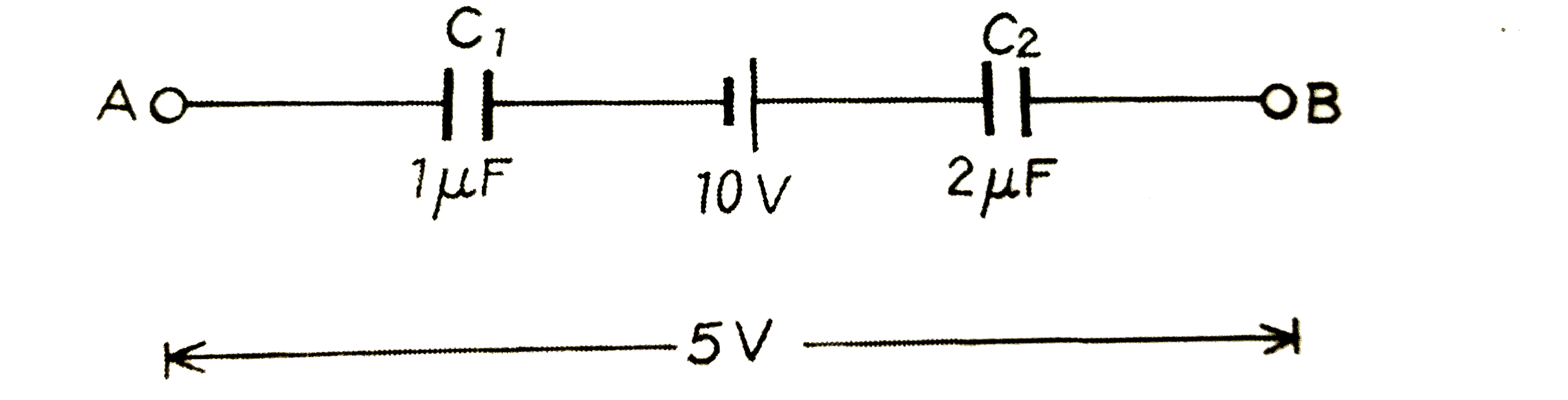 निम्न चित्र में प्रदर्शित परिपथ में बैटरी का विधुत वाहक बल 10 वोल्ट, संधारित्र C(1) की धारिता 1 muF,  संधारित्र C(2) की धारिता 2 muF तथा बिंदुओं A ओर B के बीच विभवान्तर V(A) - V(B) = 5 वोल्ट है । प्रत्येक संधारित्र का विभवान्तर ज्ञात कीजिए ।
