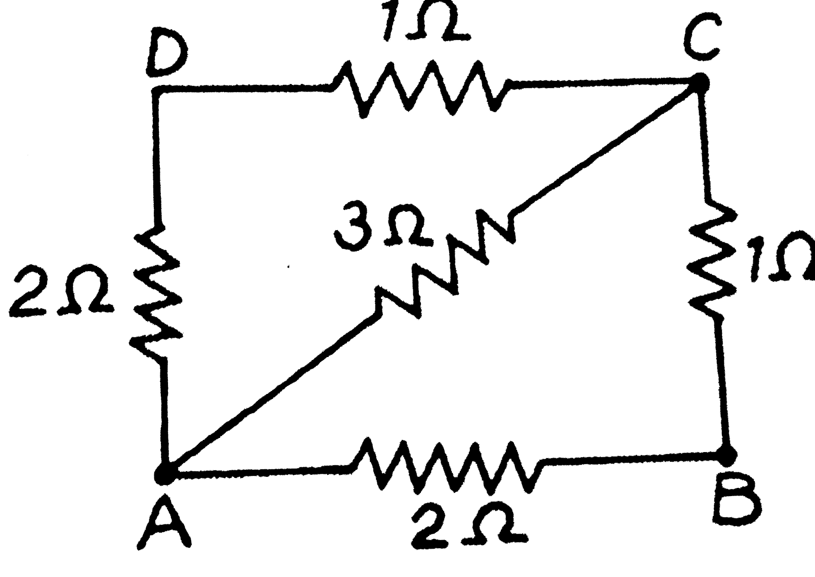 दीए गए चित्र  में  बिंदुओं (i)  A  व  B  तथा (ii)  A  व C  के बीच  तुल्य  प्रतिरोध  ज्ञात  कीजिए ।
