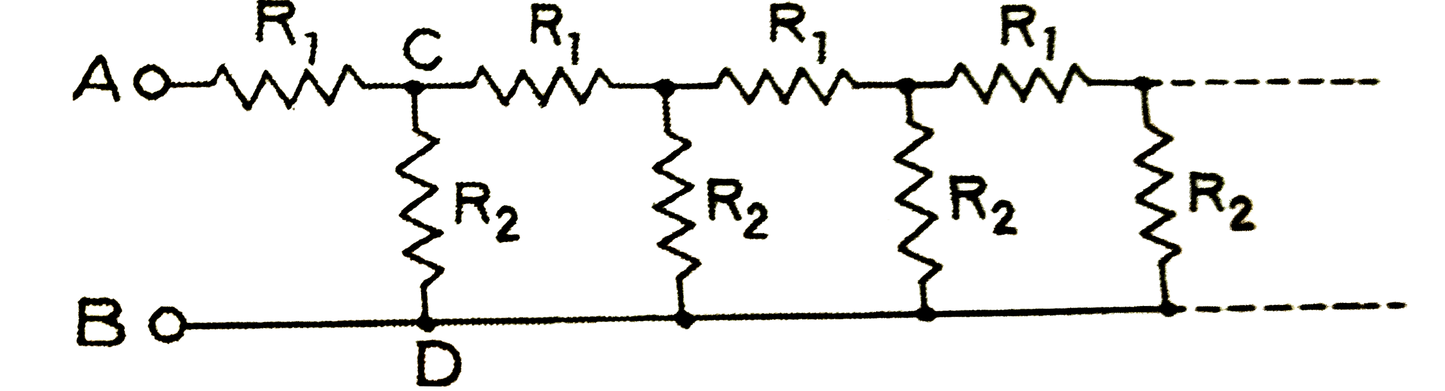 निम्न  चित्र  में एक  अपरिमित  प्रतिरोधों  वाला  परिपथ  प्रदर्शित  है  । बिन्दुओं  A  व  B  के  बीच  परिपथ  का प्रतिरोध  ज्ञात  कीजिए  जबकि  R(1)=1   ओम तथा  R(2)=2  ओम  है ।
