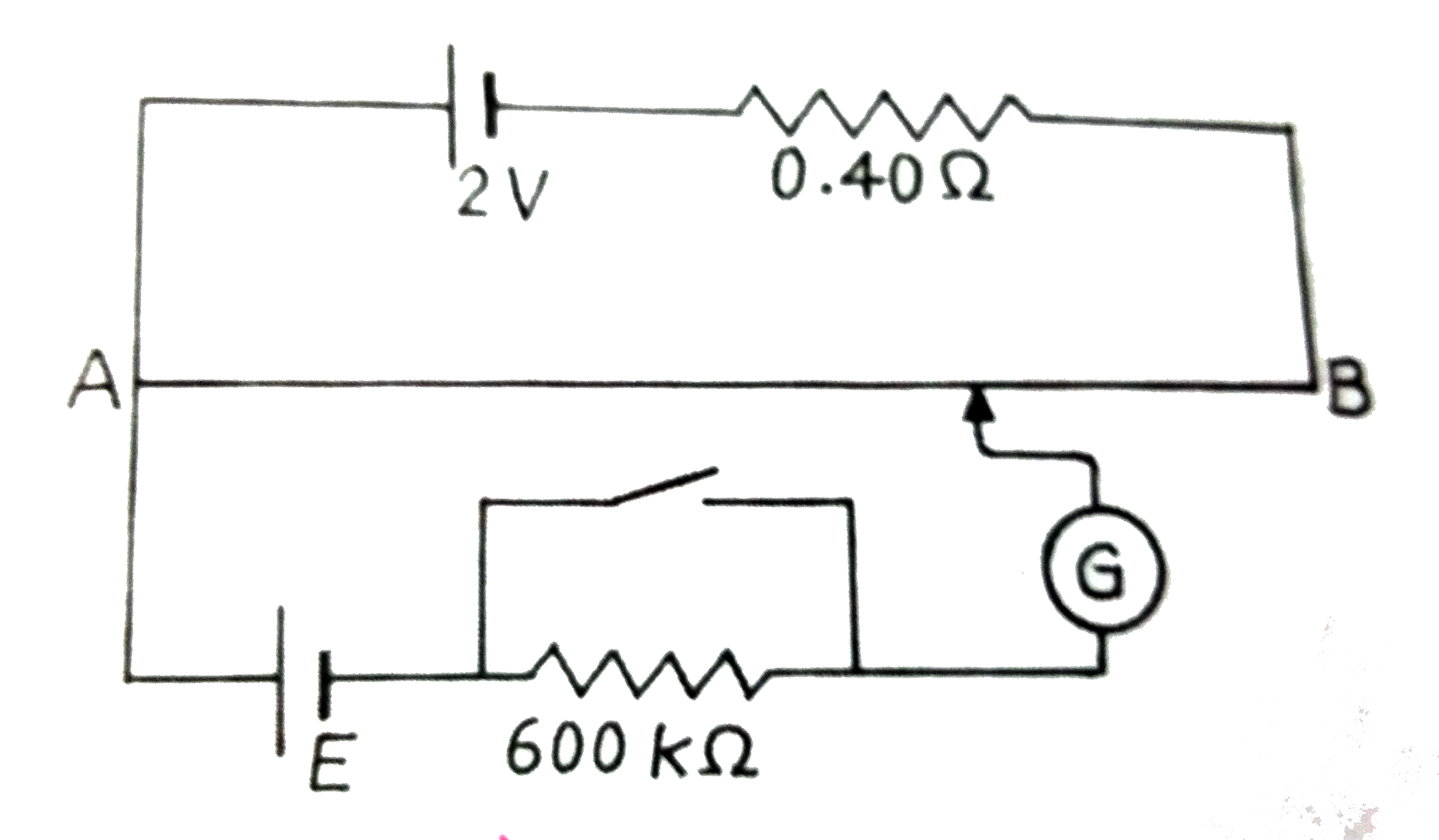 चित्र  में एक  विभवमापी  दर्शाया गया है , जिससे  एक  2.0 V           और आंतरिक प्रतिरोध  0.40 Omega    का कोई  सेल , विभवमापी  के  प्रतिरोधक तार AB पर वोल्टता  पात  बनाए रखना  है । कोई  मानक  सेल जो  1.02     वोल्ट का अचर विधुत  वाहक  बल  बनाए  रखता  है ( कूछ मिलीऐम्पियर  की  बहुत  सामान्य  धाराओं  के लिए )  तार की 67.3    सेमी  लम्बाई  पर संतुलन  बिंदु देता है । मानक सेल से अति  न्यून  धारा लेना  सुनिश्चित  करने के लिए  इसके साथ  परिपथ  में श्रेणी  600 k Omega      का एक  अति उच्च  प्रतिरोध  इसके  साथ  संबद्ध  किया जाता है , जिससे  संतुलन बिंदु प्राप्त होने के निकट  लघुपथित (shorted)      कर  दिया  जाता है । इसके बाद मानक सेल को किसी  अज्ञात  विधुत  वाहक  बल E  के सेल से प्रतिस्थापित  कर दिया जाता है , जिससे  संतुलन  बिंदु तार की  82.3    सेमी लम्बाई  पर प्राप्त होता है ।      (a) E का मान क्या है ?   (b) 600k Omega के उच्च प्रतिरोध  का क्या प्रयोजन है ?  (c ) क्या इस उच्च प्रतिरोध  से संतुलन  बिंदु प्रभावित  होता है ?  (d) उपरोक्त स्थिति में यदि विभवमापी के परिचालक  सेल का विधु वाहक  बल 2.0    वोल्ट  के स्थान पर 1.0   वोल्ट  हो तो  क्या यह विधि फिर  भी सफल रहेगी ?   (e) क्या यह परिपथ  कुछ  मिलीवोल्ट  की कोटि के अत्यल्प  विधुत  वाहक  बलों ( जैसे  कि किसी प्रारूपी  तापवैधुत  युग्म  का विधुत  वाहक  बल ) के निर्धारण  में सफल  होगी ? यदि  नहीं तो  आप इसमें किस प्रकार संशोधन  करेंगे ?
