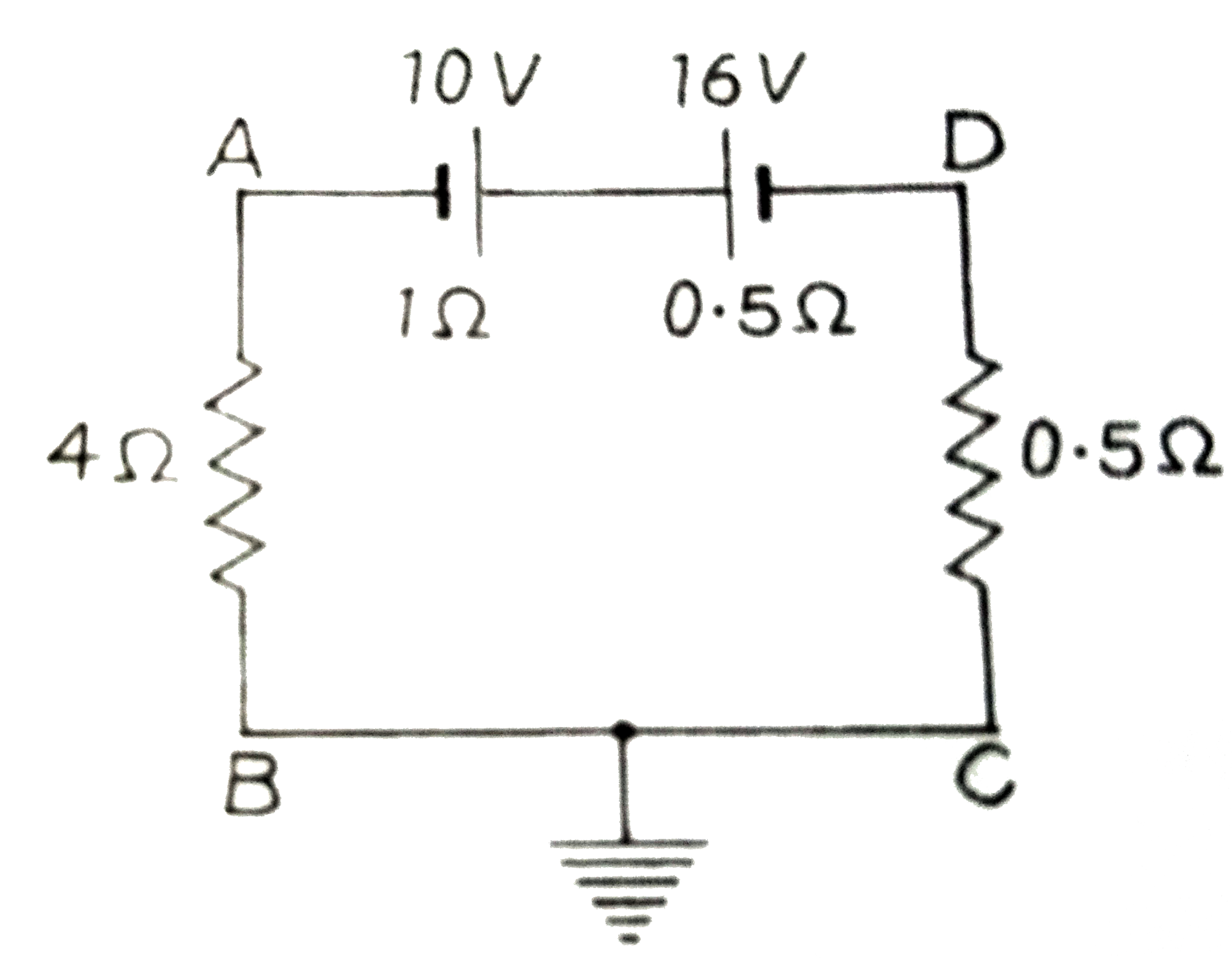 दिये गये परिपथ  में ज्ञात  कीजिए  : (i)  बिंदु  A का  विभव ,  (ii)   बिंदु  D  का  विभव  तथा  (iii)   10  V  की बैटरी  के सिरों पर लगाये गये  वोल्टमीटर   की  माप ।
