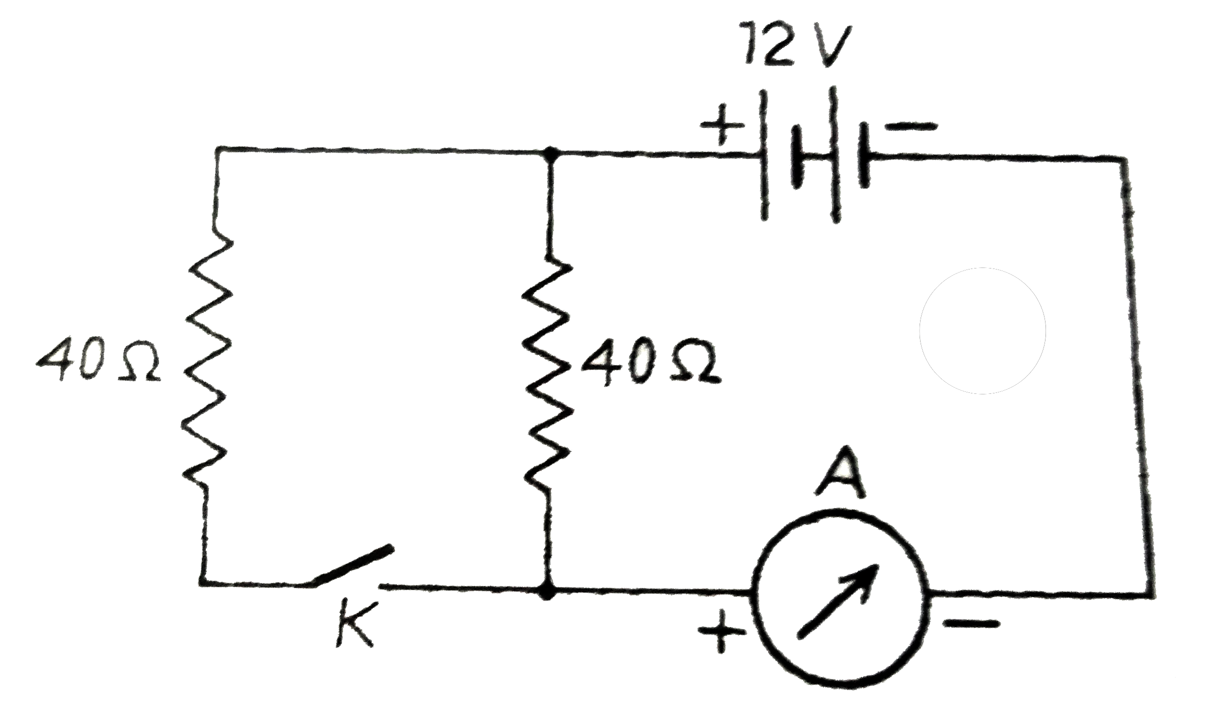 दिए  गये चित्र में दिखाया  गए परिपथ  में लगी बैटरी का विधुत  वाहक बल 12  वोल्ट  तथा आंतरिक प्रतिरोध  नगण्य है । अमीटर  A  के पाठ्यांक की गणना  कीजिए  जबकि कुंजी K  (i) खुली हो (ii)  बंद  हो ।
