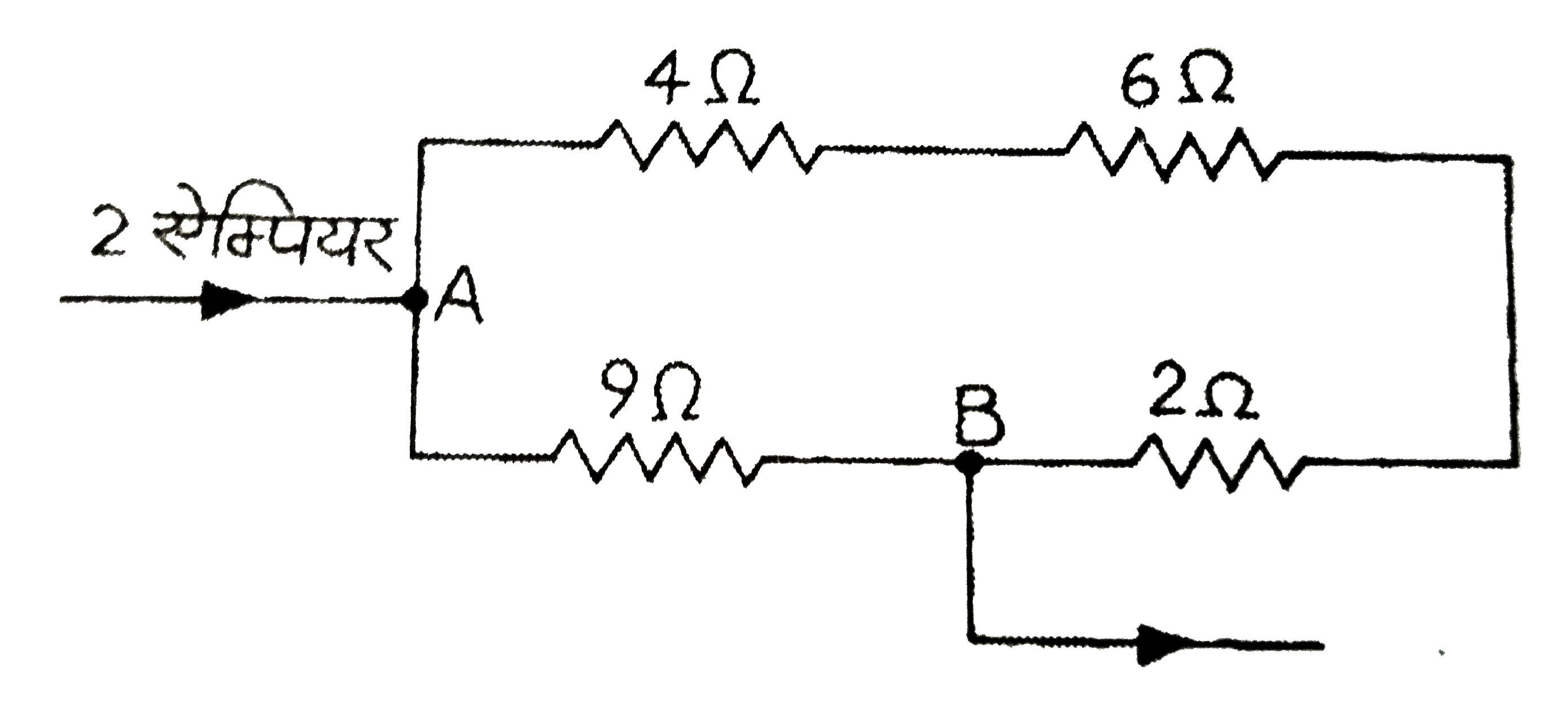 निम्न परिपथ में चार प्रतिरोधों का संयोजन दिखाया गया है । ज्ञात  कीजिए  : (i) बिन्दुओ A    व B  के बीच  तुल्य - प्रतिरोध  , (ii) A   वB के बीच  विभवांतर  तथा  (iii) विभिन्न  प्रतिरोधों में धाराएँ।
