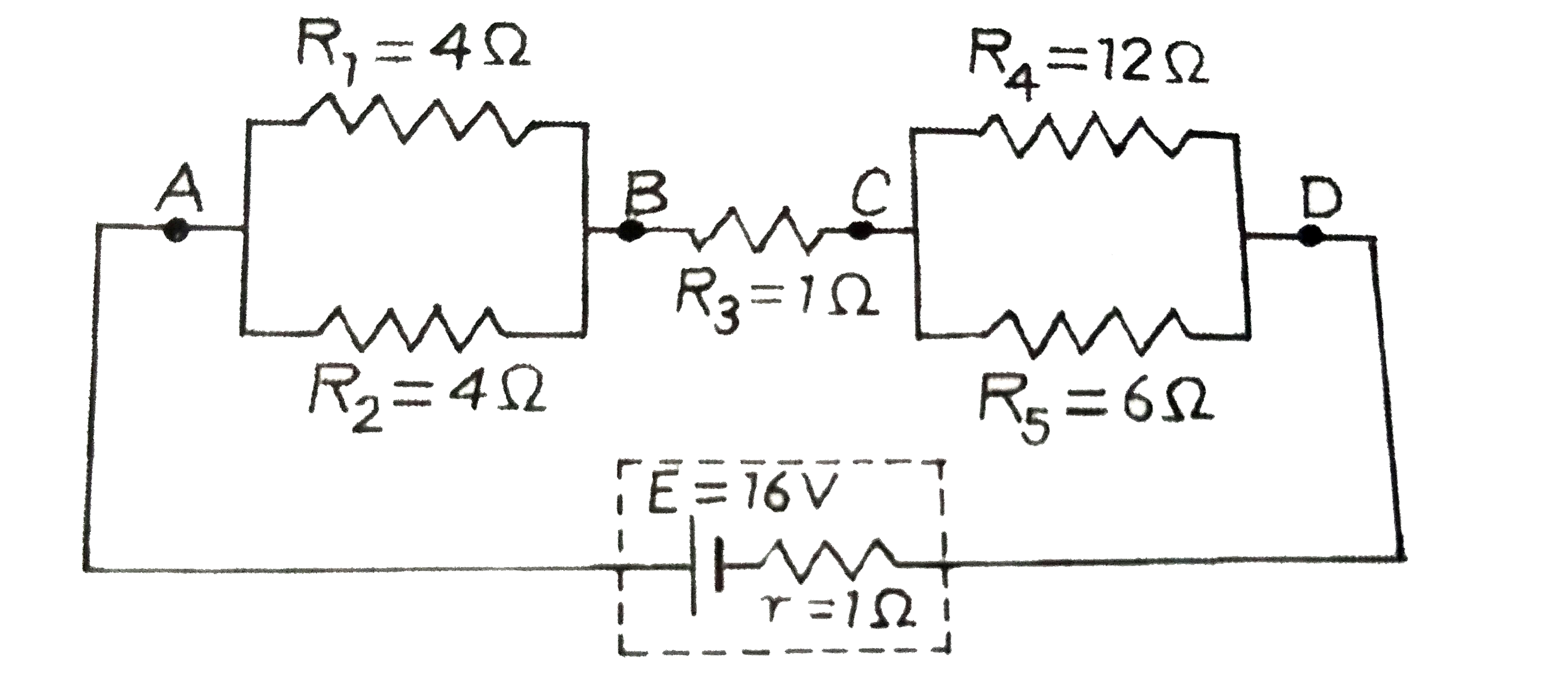 निम्न परिपथ आरेख में , ज्ञात कीजिए  :       परिपथ का तुल्य - प्रतिरोध  तथा R(3),R(4)    प्रतिरोधों में प्रवाहित धाराएँ ।