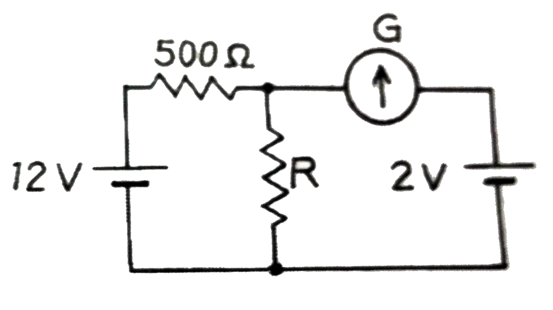 संलग्न परिपथ में धारामापी  G  का पाठ्यांक शून्य है । प्रतिरोध R का मान  ज्ञात कीजिए| 12V     बैटरी का आंतरिक प्रतिरोध  नगण्य है ।