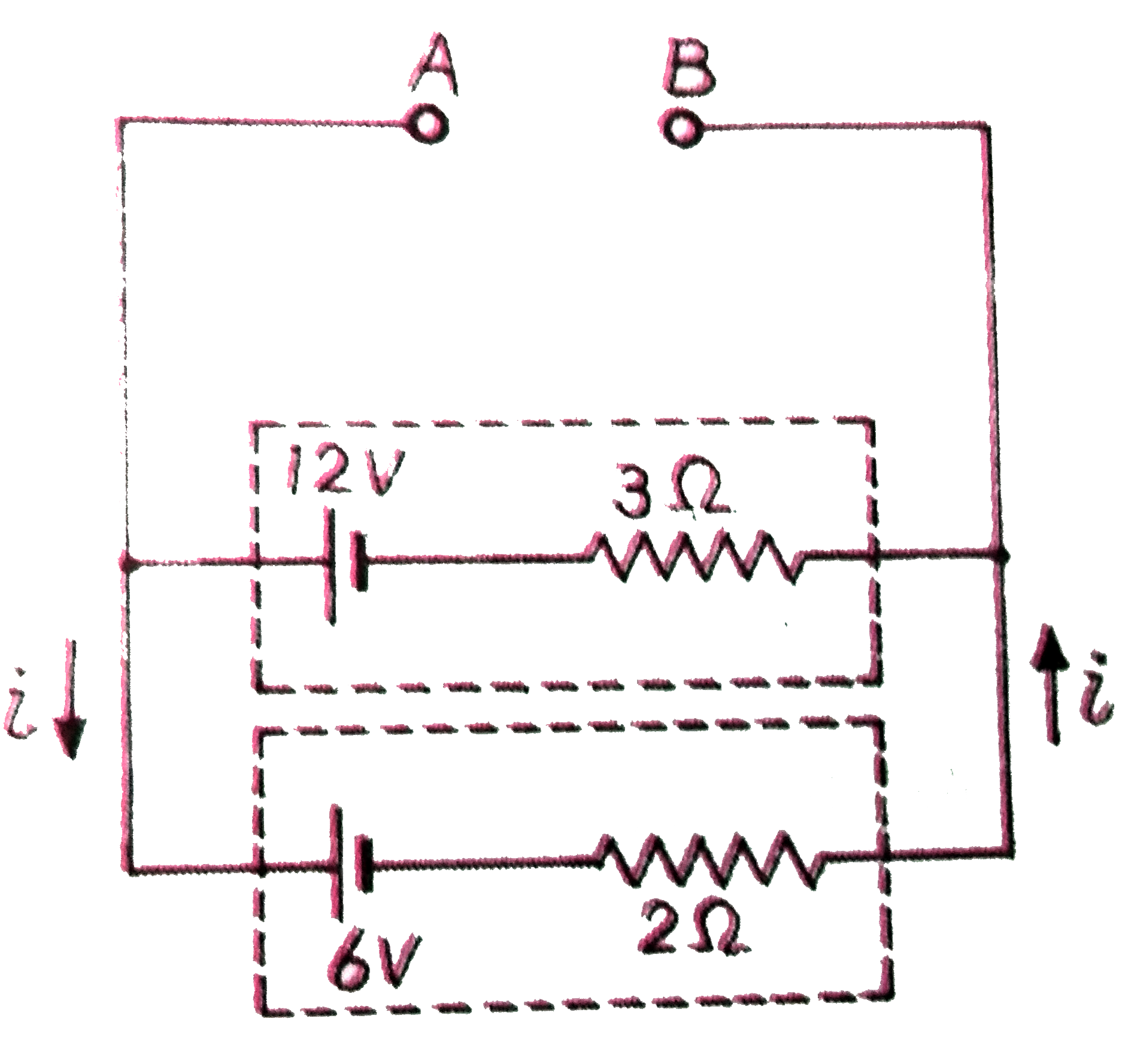 संलग्न  चित्र में प्रत्येक  वैधुत  सेल का विधुत  वाहक  बल  एवं  आंतरिक  प्रतिरोध  दिया  गया  है ।  बिंदुओं  A व B  के बीच  वैधुत  विभवान्तर  की गणना  कीजिए ।