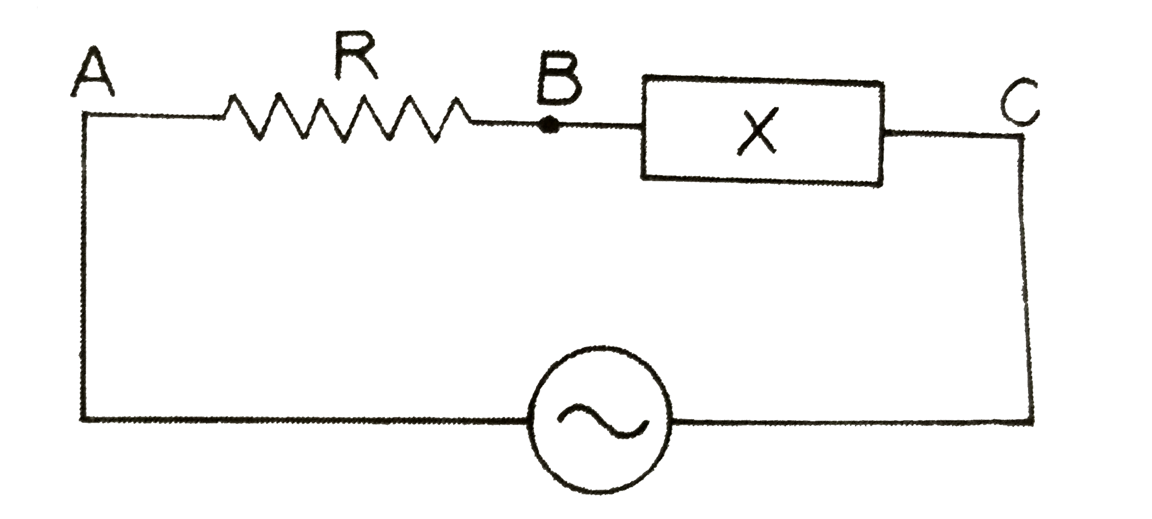 संलग्न चित्र  में R  शुध्द  प्रतिरोध  तथा X  अज्ञात  परिपथ - खण्ड  है  परिपथ  में प्रत्यावर्ती धारा  प्रवाहित  हो रही है  केवल  एक  प्रत्यावर्ती  धारा - वोल्ट्मीटर  में  उपयुक्त  नापे  लेकर  कैसे  ज्ञात  कीजिएगा  कि X (i)  प्रेकरत्व  है ,  (ii)  शुध्द  प्रतिरोध है   अथवा  (iii)   प्रतिरोधहीन  एव  प्रेरकत्वहीन  चालक  है  ?