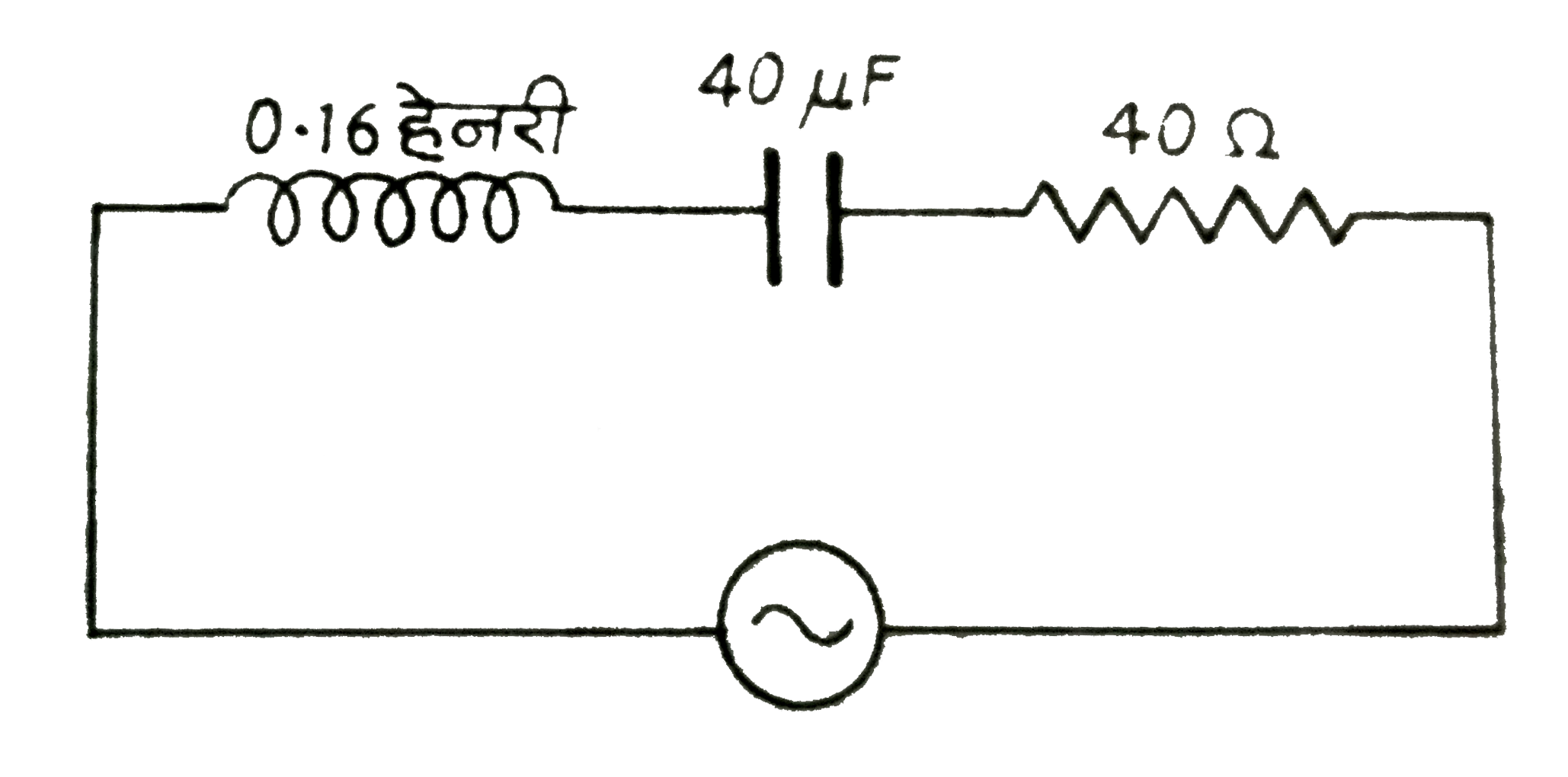 संग्लन चित्र में एक L-C-R परिपथ दिखाया गया है|प्रत्यावर्ती धारा-स्त्रोत की वोल्टता V=100sin 500t  से प्रदर्शित है|परिपथ के लिए गणना कीजिए:(i ) प्रतिबाधा,(ii )  शक्ति-गुणांक तथा (iii ) धारा का शिखर मान|