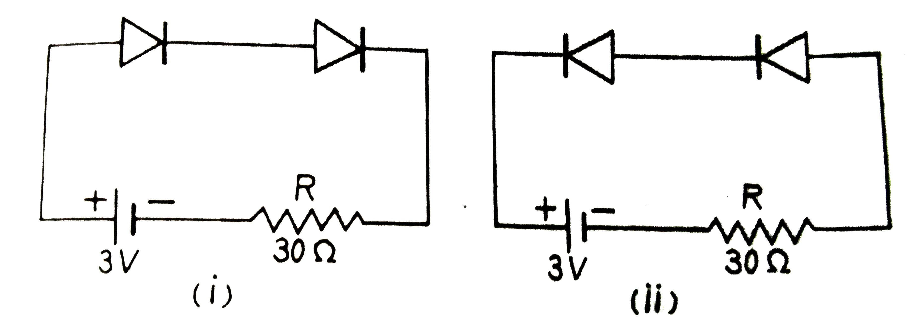 दो आदर्श सन्धि डायोड चित्र (i ) तथा (ii ) के अनुसार जोड़े गए हैं। प्रत्येक में प्रतिरोध R में होकर प्रवाहित होने वाली धारा ज्ञात कीजिए :
