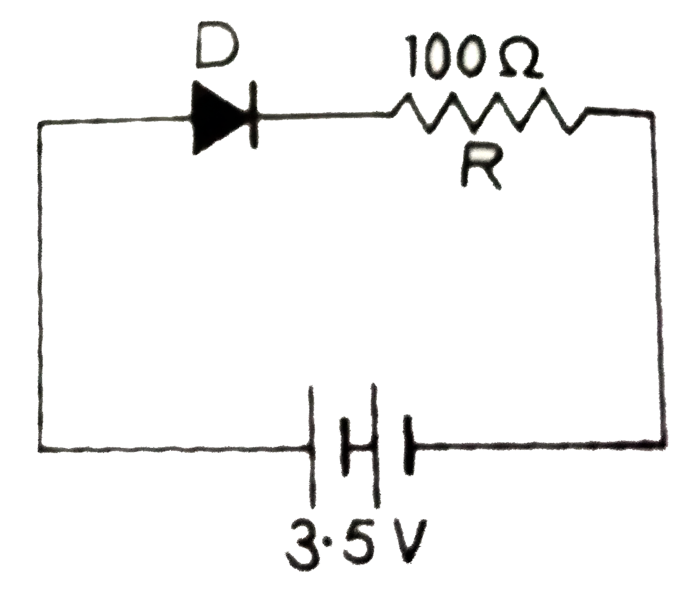 यहाँ परिपथ में, एक डायोड D को एक बाह्य प्रतिरोध, R = 100 Omega  तथा 3.5 V  विo वाo बल की बैटरी से जोड़ा गया है। यदि डायोड में ( दोनों क्षेत्रों की सन्धि के आर-पार) उत्पन्न रोधिका विभव 0.5 V है तो, परिपथ में धारा होगी :