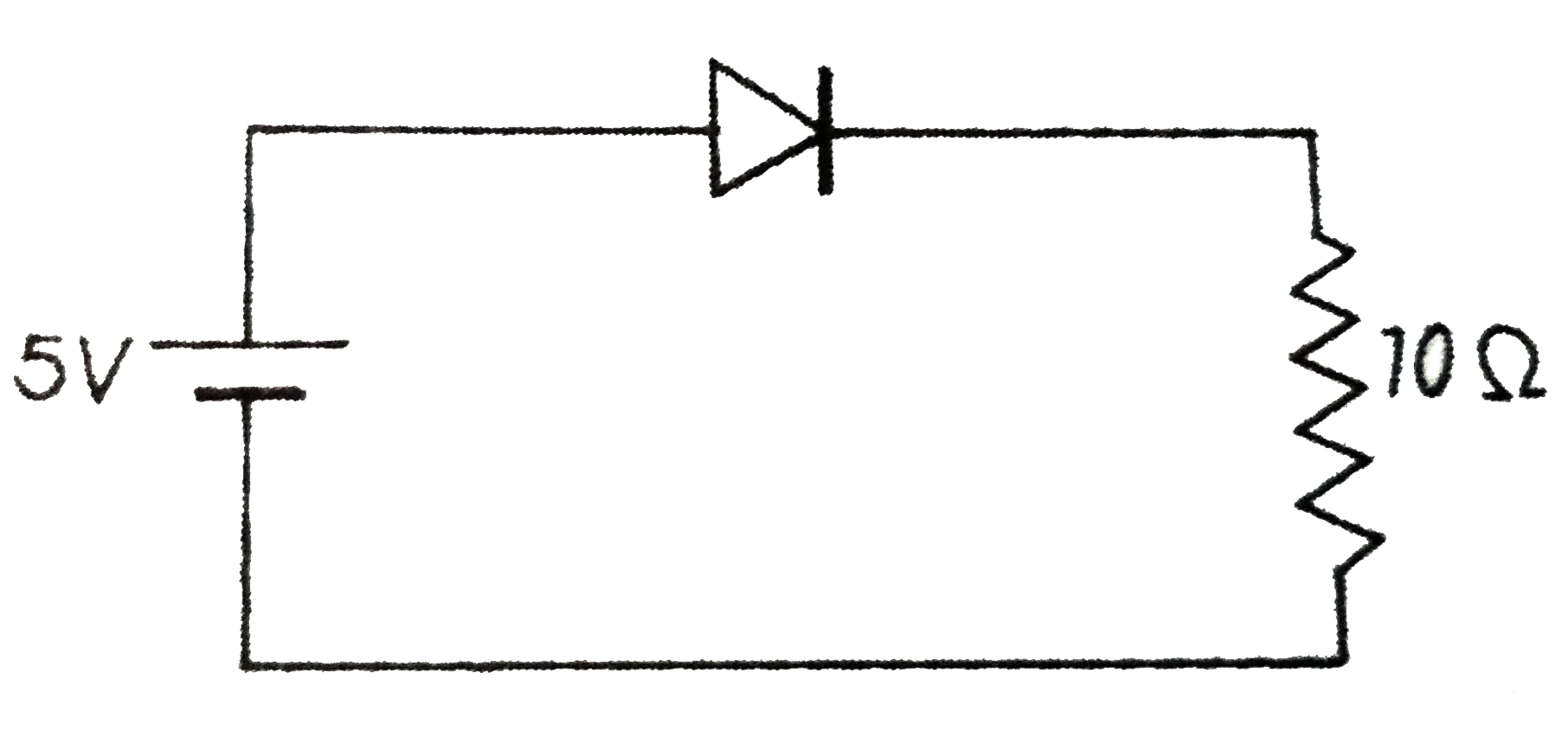 p - n सन्धि डायोड का पश्चदिशिक परिपथ बनाइए।       चित्र में दिखाए गए परिपथ  में प्रतिरोध 10 ओम में होकर बहने वाली धारा का मान ज्ञात कीजिए।       दिया है कि डायोड का प्राचीर विभव 0.7 V वोल्ट है।