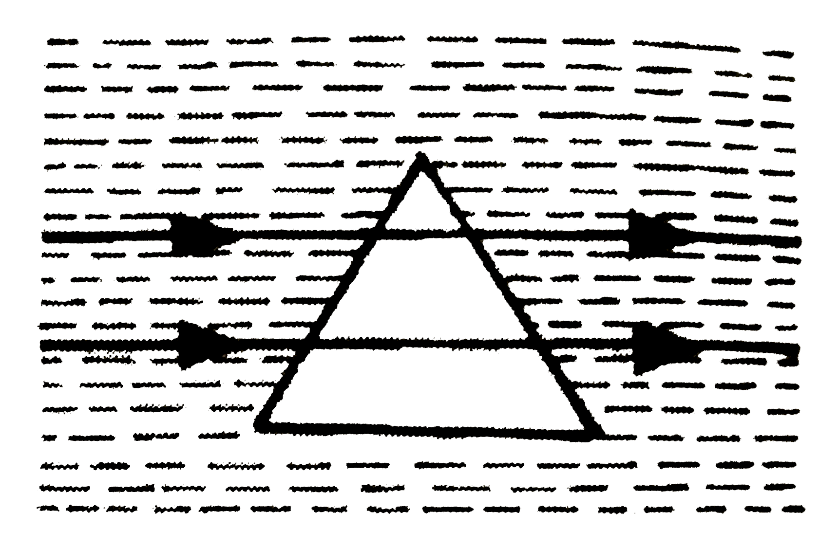 सिलिका का एक प्रिज्म ओइलिक अम्ल (n=1.46) में डूबा है। क्या आप चित्र में प्रकाश-किरणों का मार्ग देखकर सिलिका का अपवर्तनांक बता सकते है?